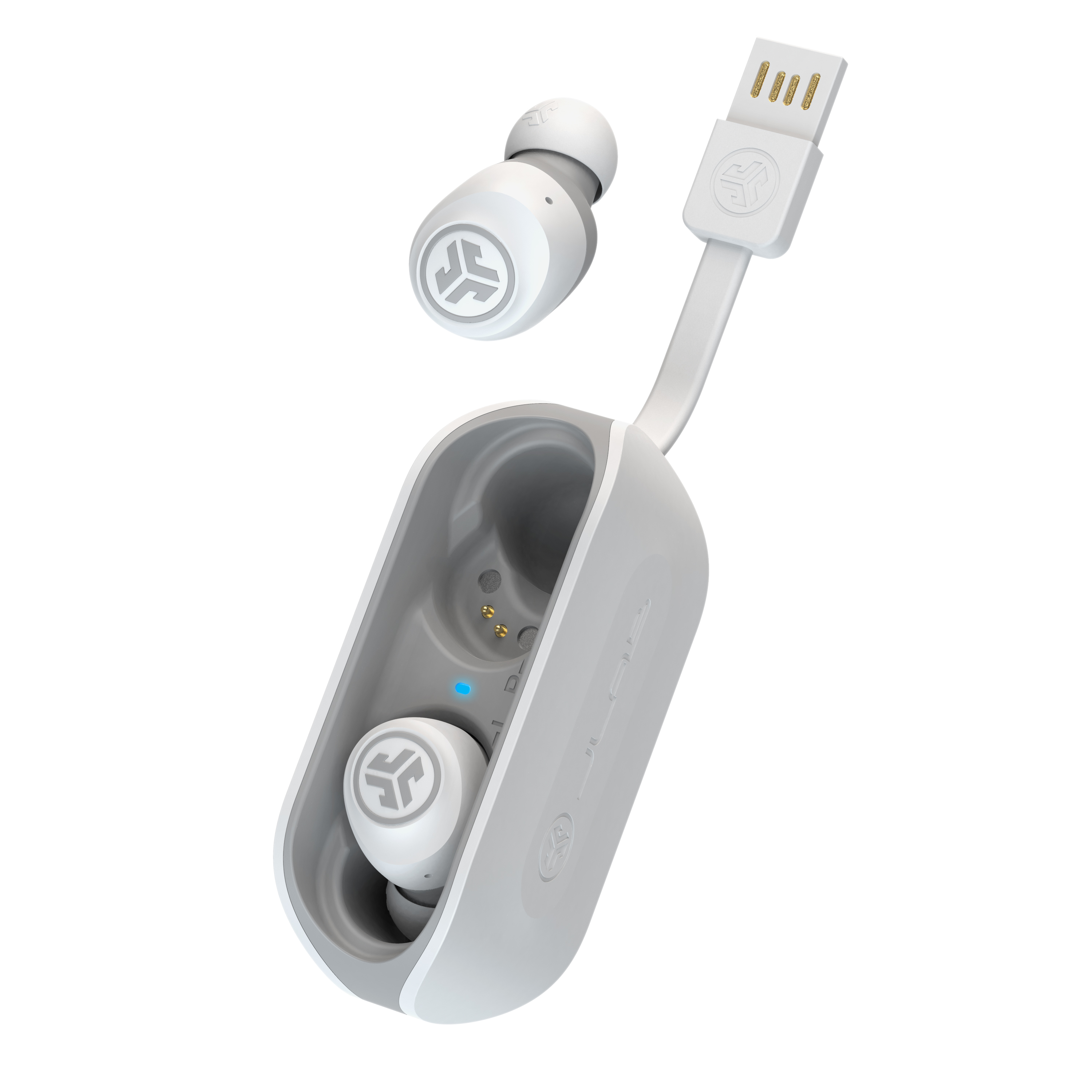 Auriculares blancos con estuche de carga. Combinación de colores blanco y gris.