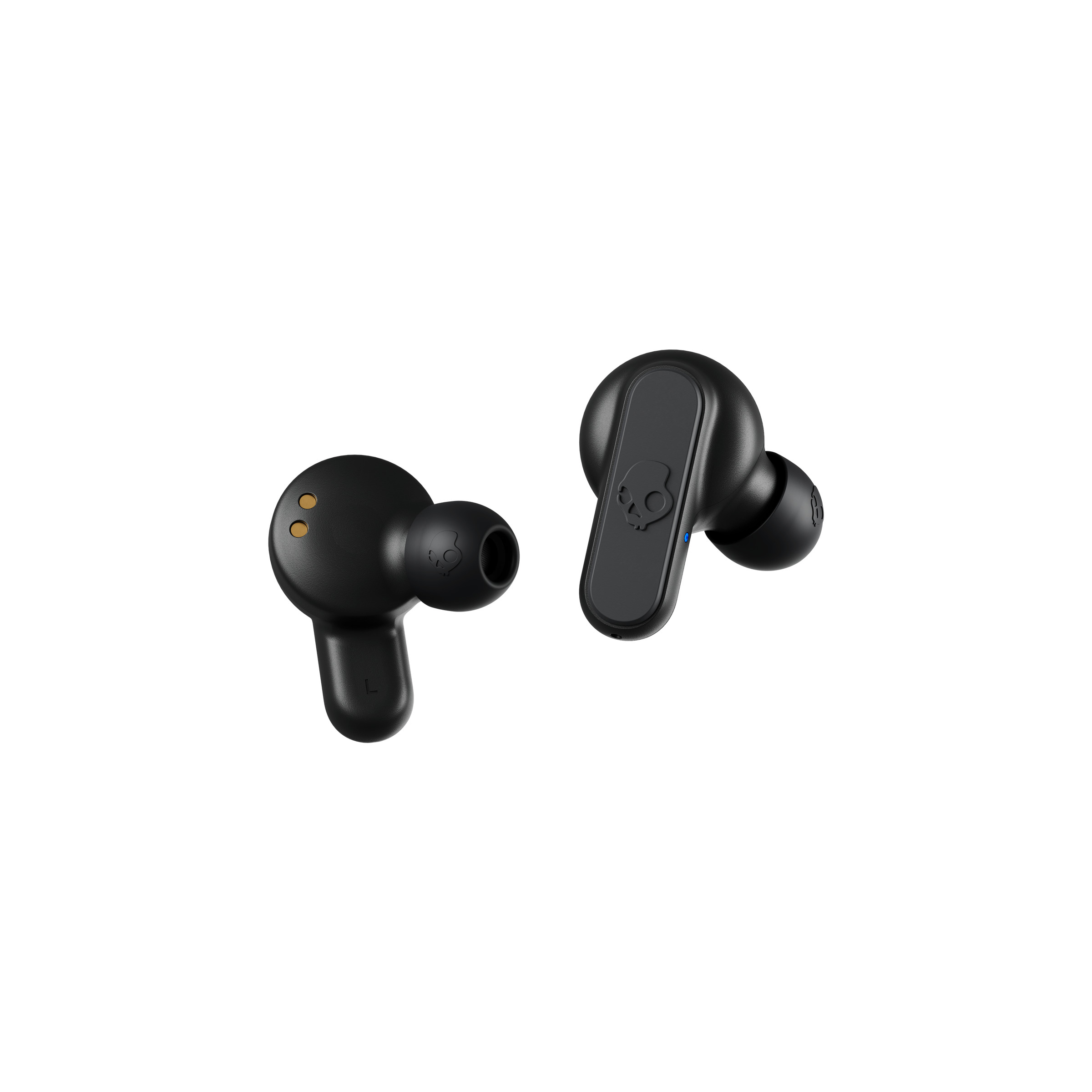 Schwarze Skullcandy-Ohrhörer, kabelloses Design, mit Totenkopf-Logo an der Seite.
