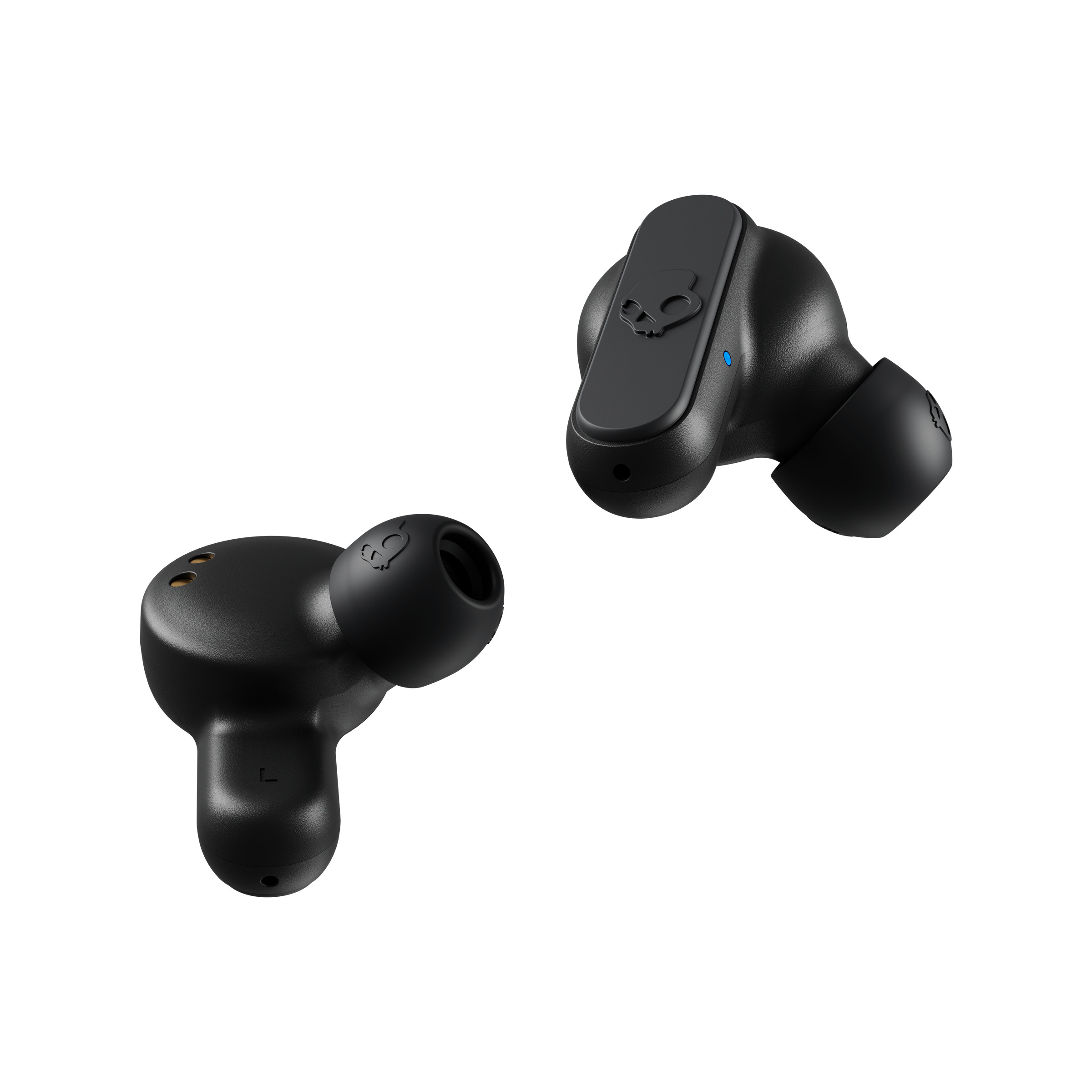 Zwei schwarze Skullcandy-Ohrhörer, leicht angewinkelt, mit Logo.