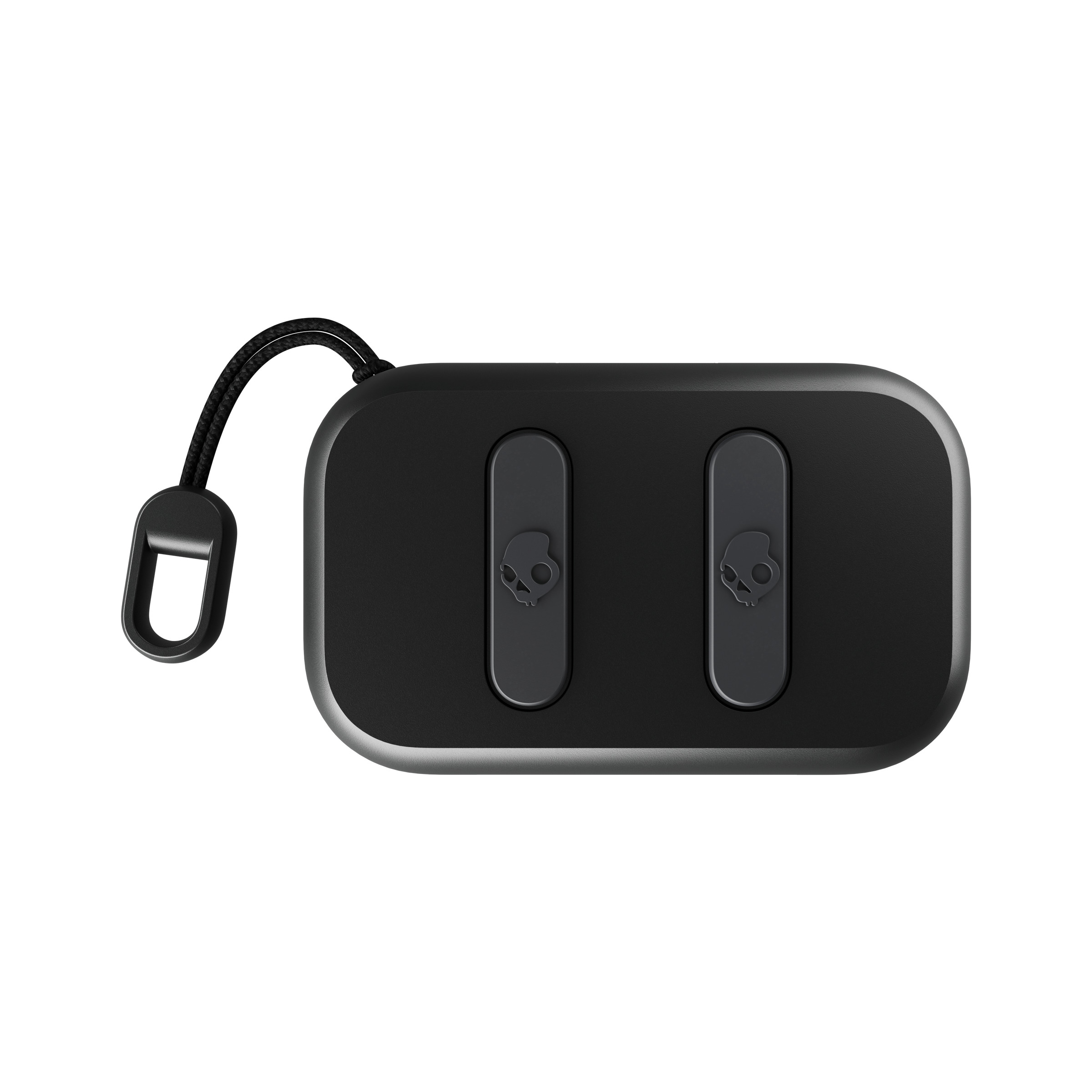 Schwarzer Skullcandy-Lautsprecher mit zwei Knöpfen und einem schwarzen Riemen.