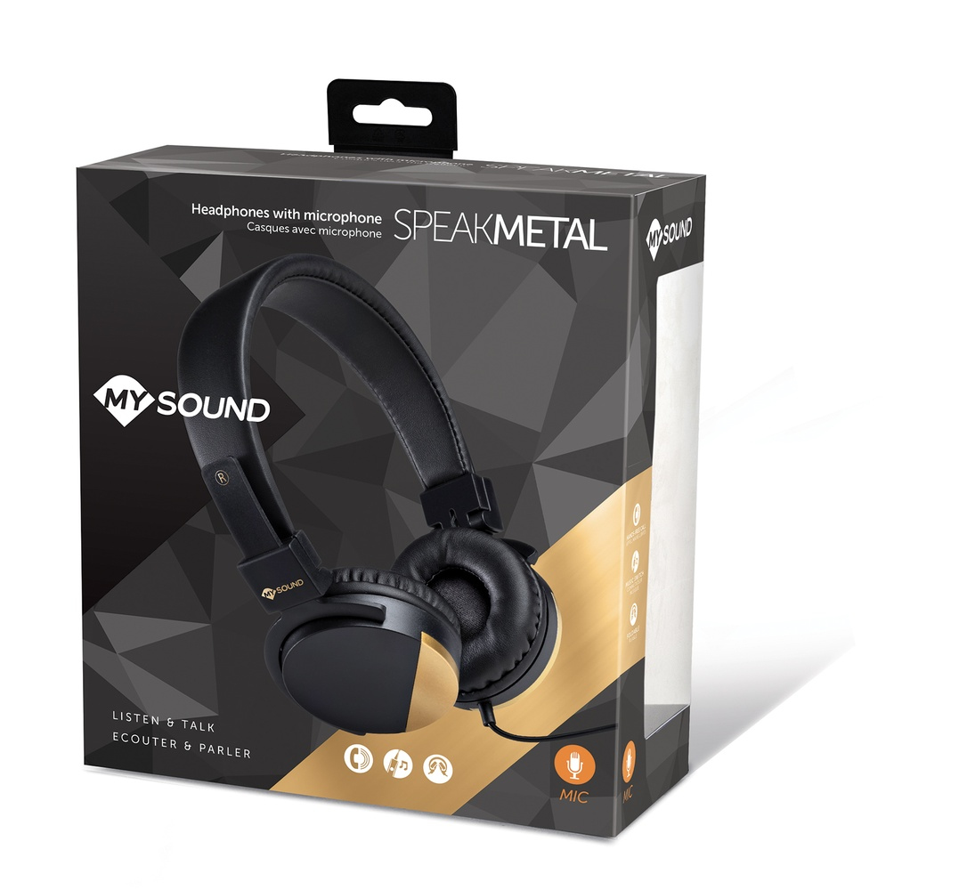 Scatola per cuffie My Sound, design nero e oro. Cuffie con microfono visibili. Testo Speakmetal.