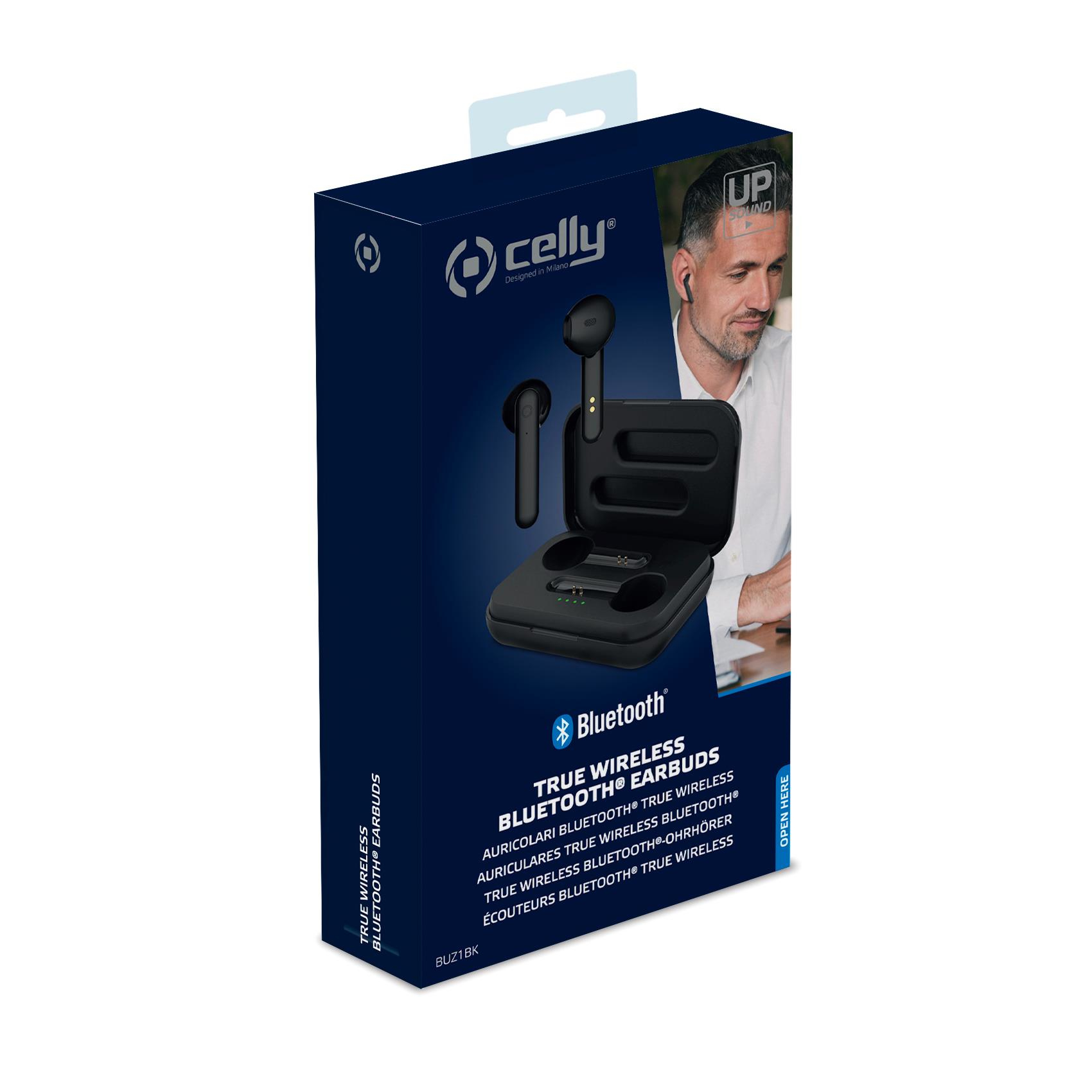 Una scatola di auricolari Bluetooth Celly True Wireless, con custodia e auricolari neri, l'immagine di un uomo.