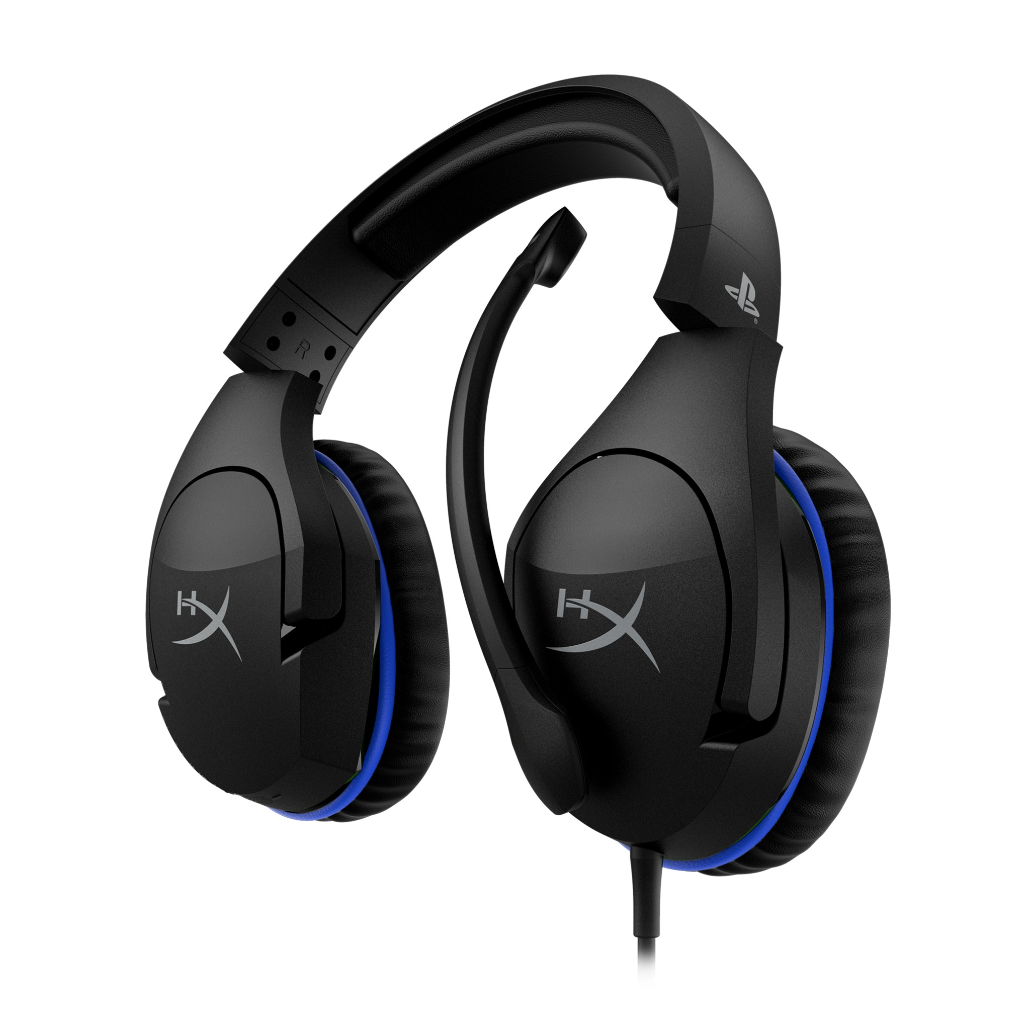 Schwarzes Gaming-Headset mit blauen Akzenten. HyperX-Logo auf den Ohrmuscheln. Mikrofon.