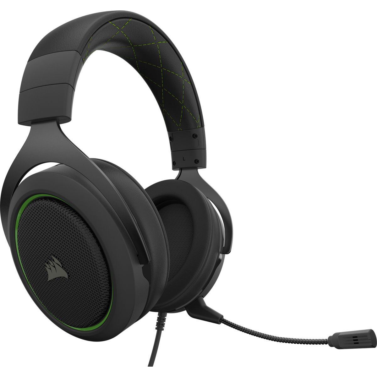 Schwarzes Headset mit grünen Nähten, einem Mikrofon, vor weißem Hintergrund. Das Corsair-Logo ist sichtbar.