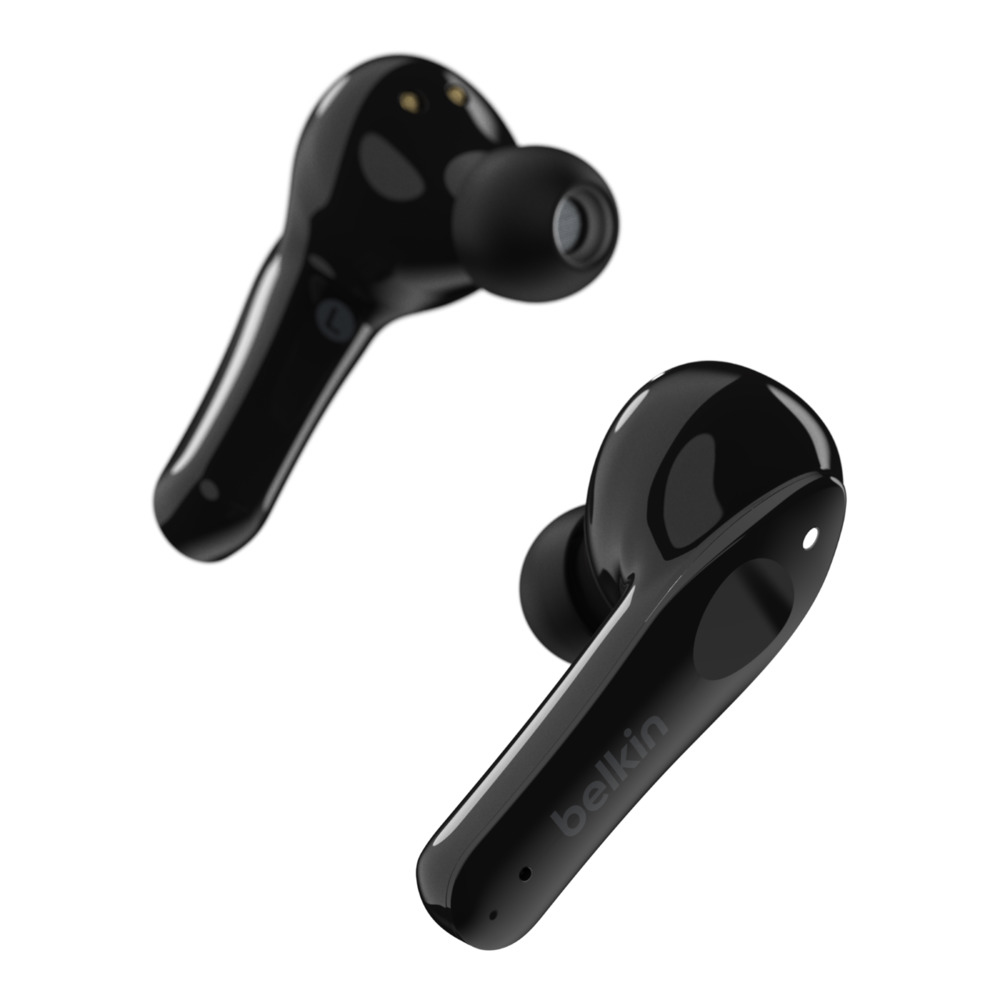 Paar schwarze, kabellose Belkin-Ohrhörer. Schlankes, glänzendes Design, vor weißem Hintergrund.
