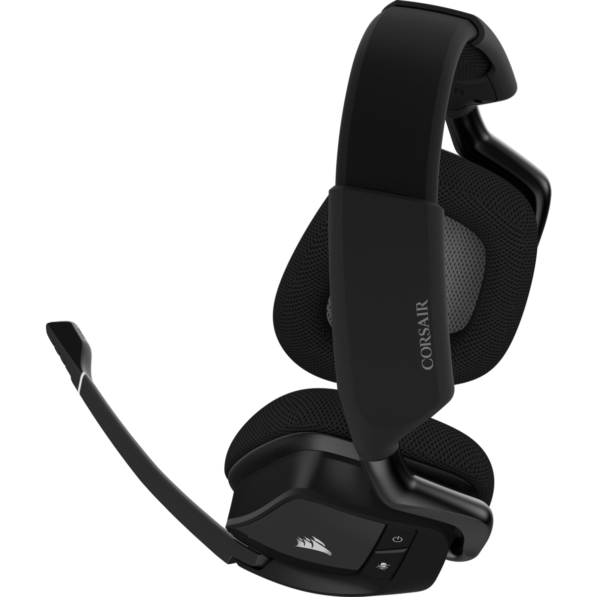 Auriculares gaming Corsair negros con micrófono. Fondo blanco.