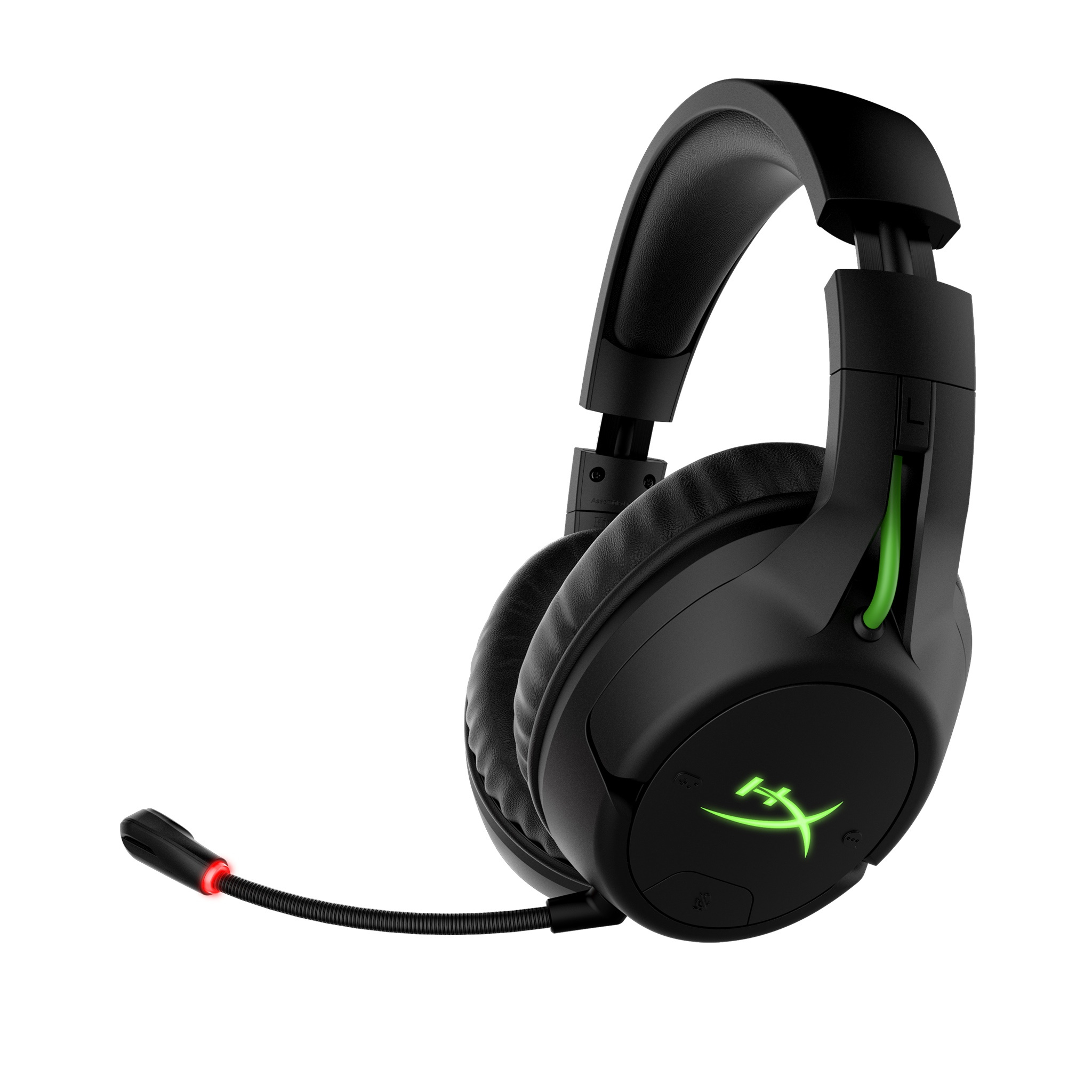 Schwarzes Gaming-Headset mit Mikrofon. Grünes Logo auf der Ohrmuschel. Weißer Hintergrund.