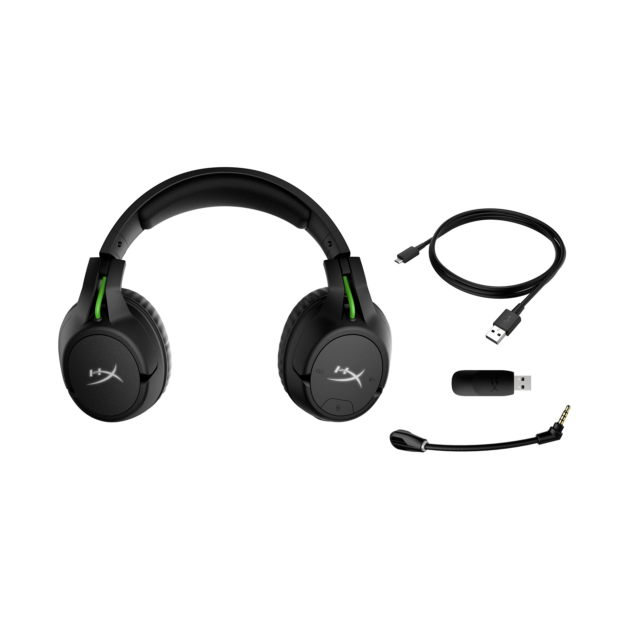 Schwarzes Gaming-Headset mit grünen Akzenten, Mikrofon, USB-Kabel und USB-Dongle auf weißem Hintergrund.