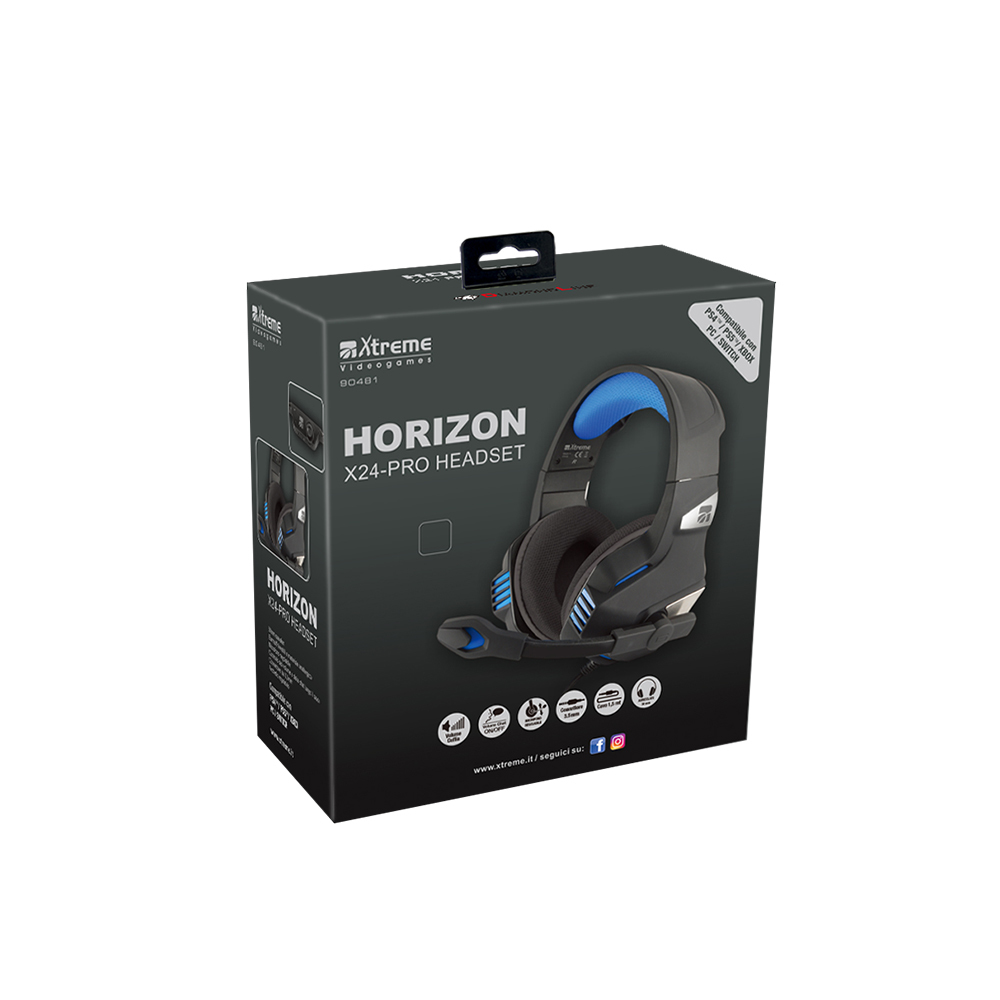 Scatola per cuffie con immagine del headset, schema colori nero e blu, il marchio è Xtreme Videogames.