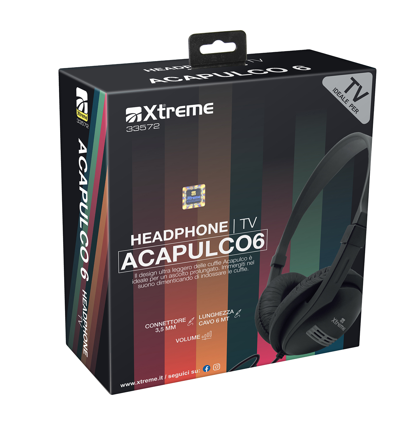Scatola di cuffie con cuffie nere a destra. Il testo include 'ACAPULCO 6' e 'Xtreme'.