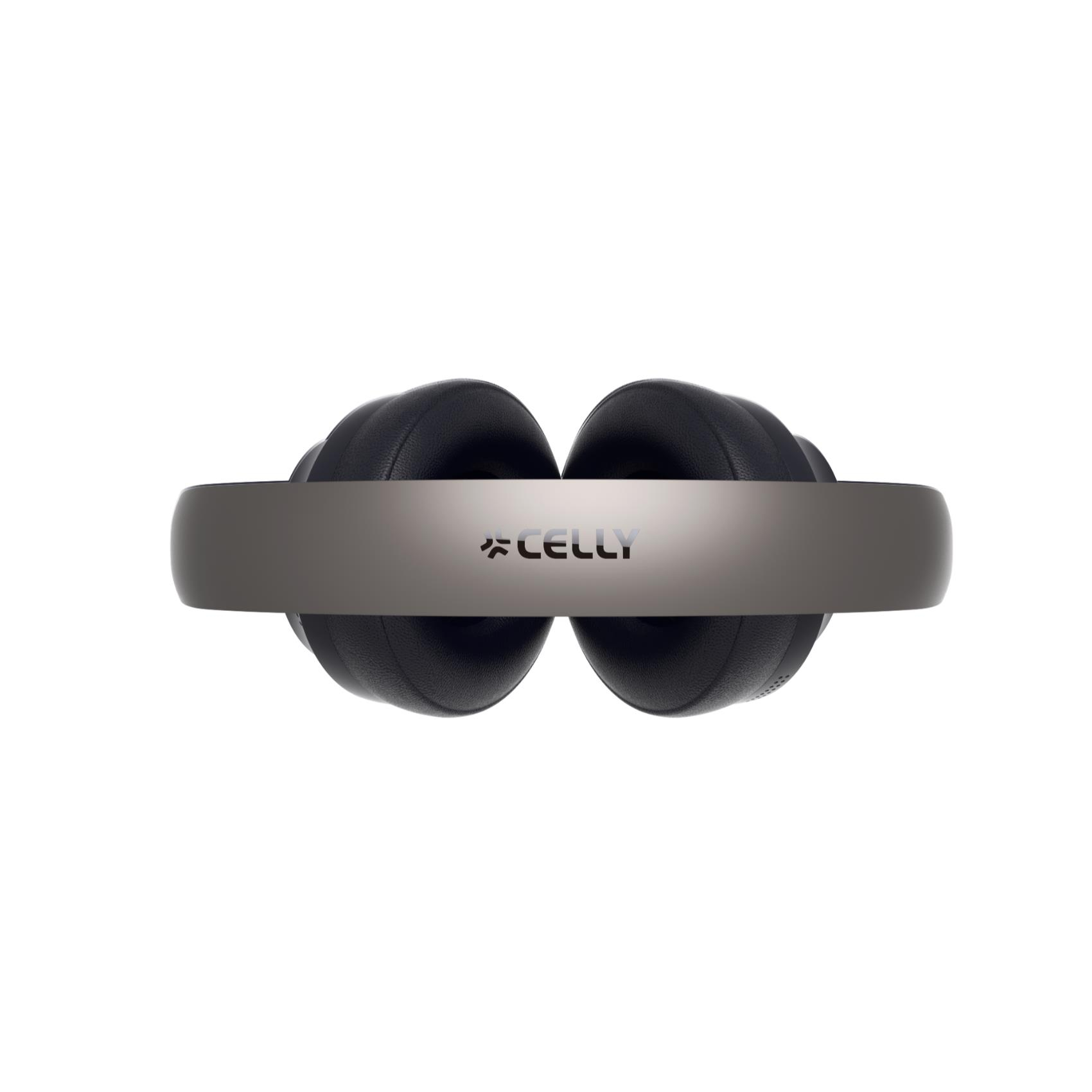 Auriculares grises con auriculares negros y un logotipo de Celly en la diadema.