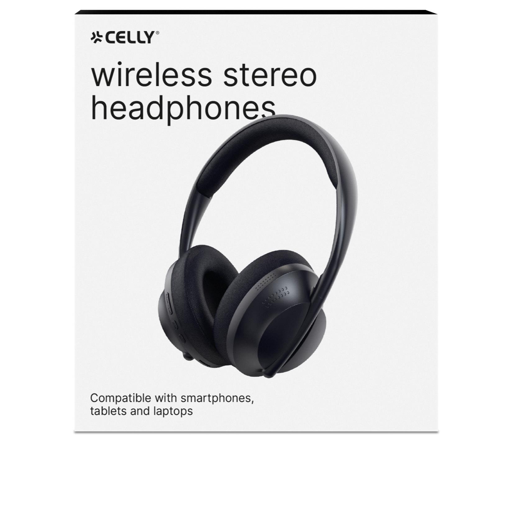 Auriculares estéreo inalámbricos negros en una caja blanca, con texto 'CELLY'.