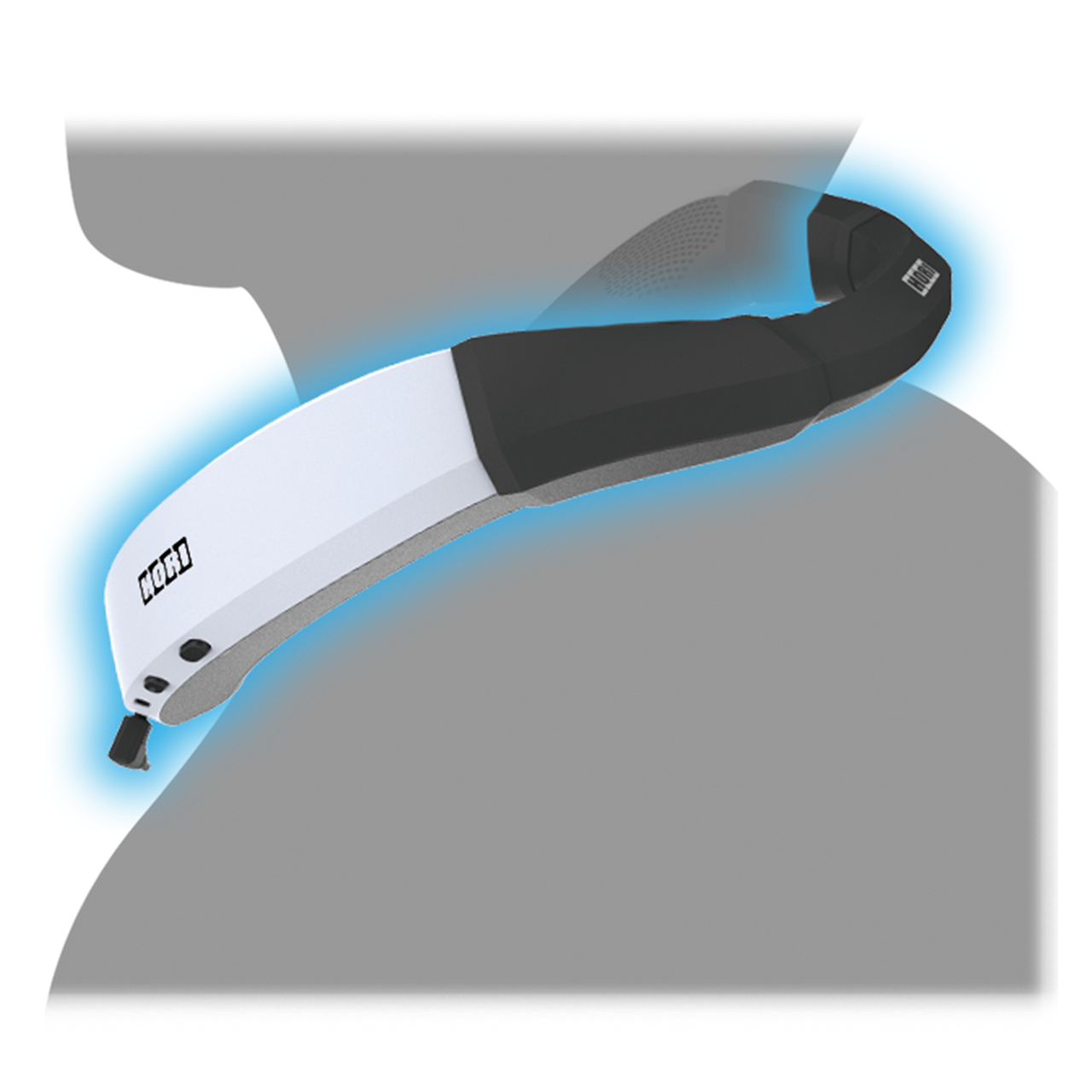 Biały zestaw słuchawkowy na szyję z niebieskim światłem na szaro-białym tle.