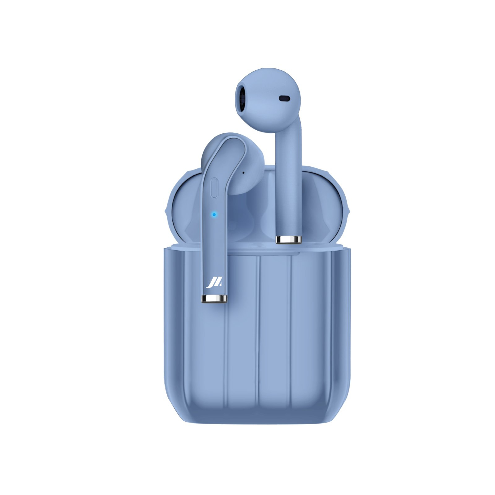Auricolari blu in una custodia di ricarica blu. Lo sfondo è bianco.