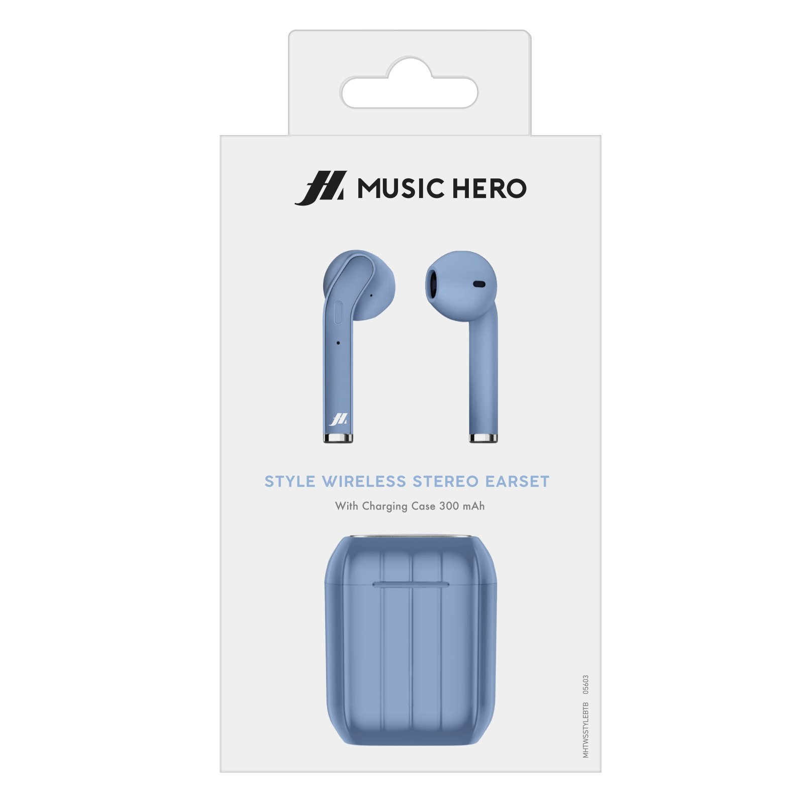 Scatola con auricolari Music Hero blu e custodia di ricarica. Sfondo bianco.