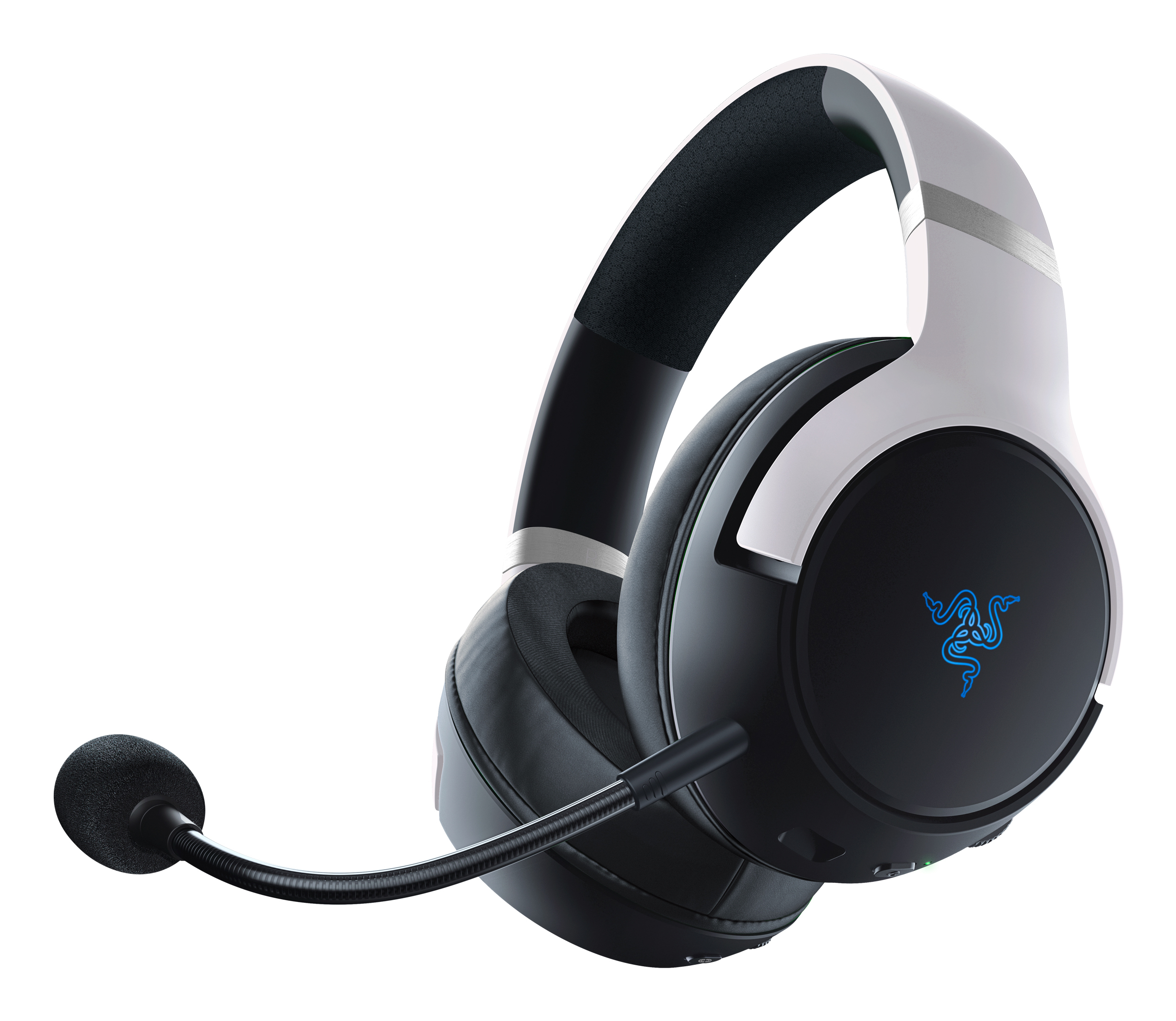 Weiß-schwarzes Gaming-Headset mit Mikrofon. Das Headset hat ein schlankes, modernes Design.