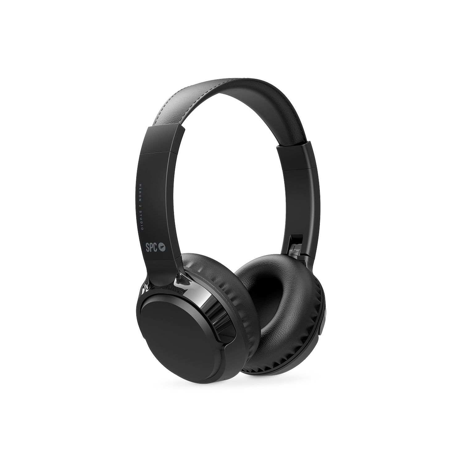 Cuffie nere con fascia curva, padiglioni circolari e marchio 'SPC'.