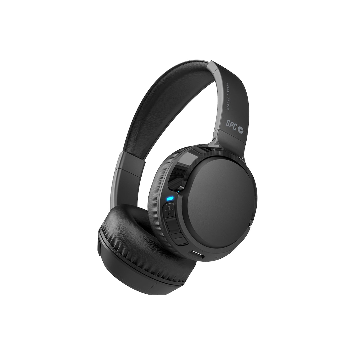 Cuffie SPC nere con pulsante di accensione blu, su sfondo bianco.