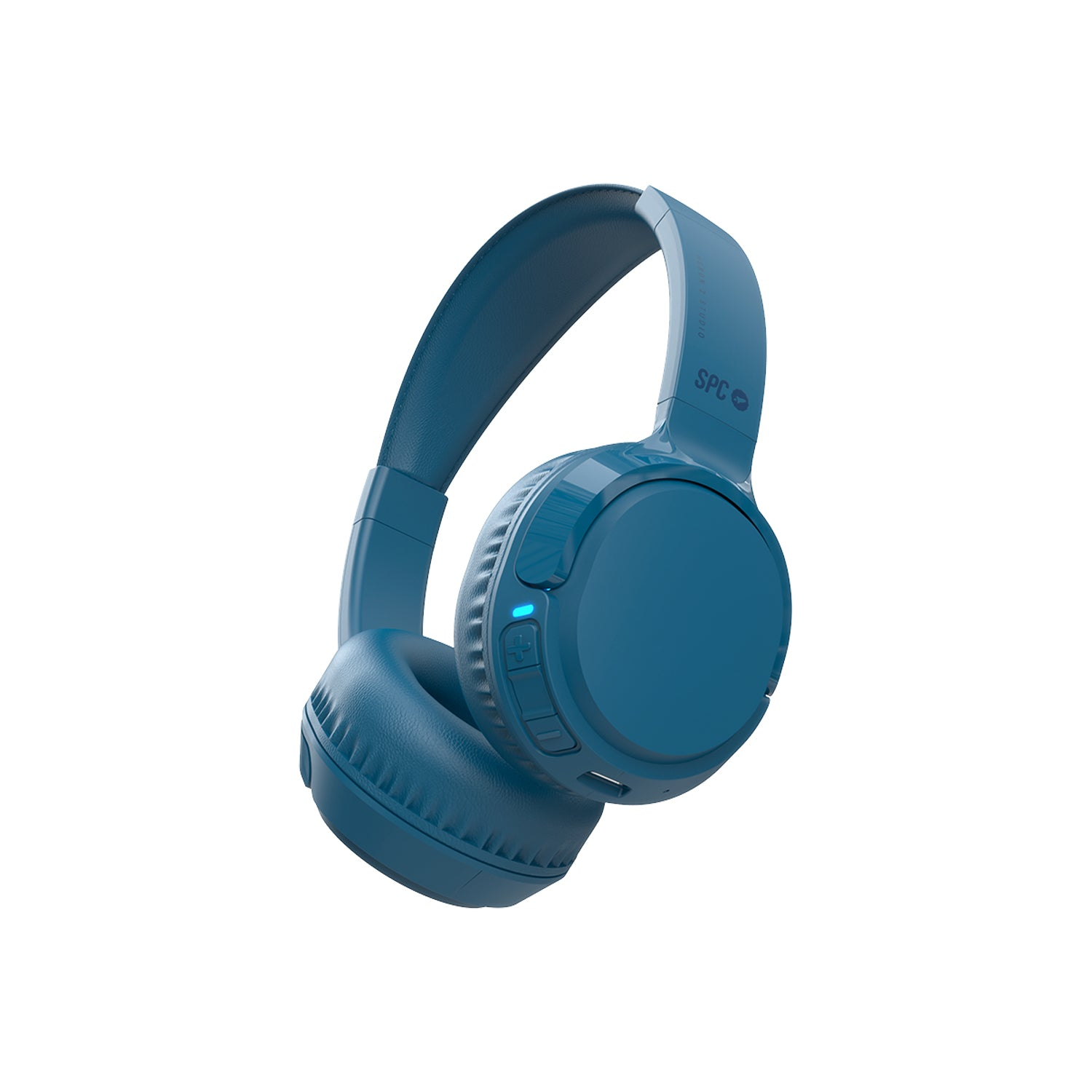 Blaue SPC Bluetooth-Kopfhörer, isoliert auf Weiß.