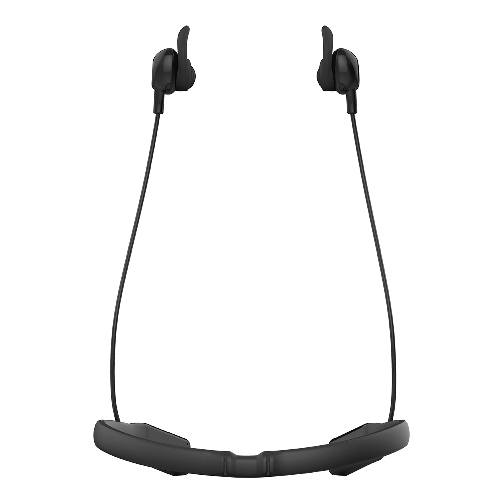 Schwarze Nackenbügelkopfhörer mit Ohrhaken, schwarzes Kabel.