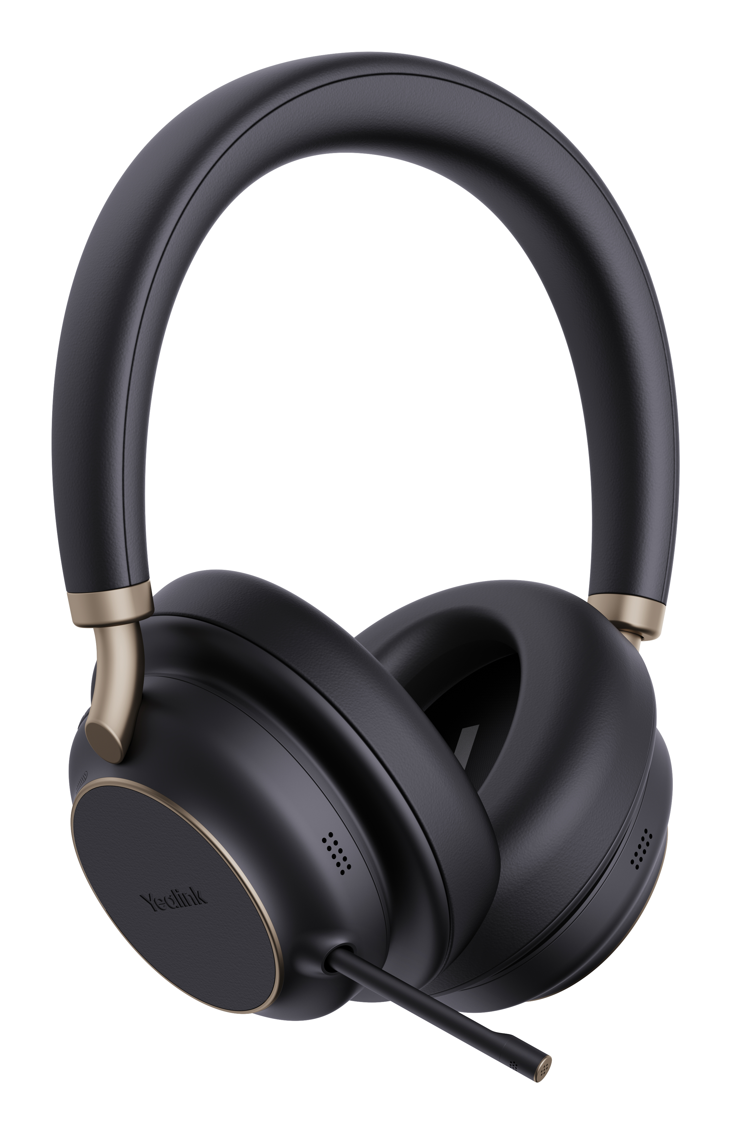 Black Yealink headset with gold accents. The headset is centered and in focus.