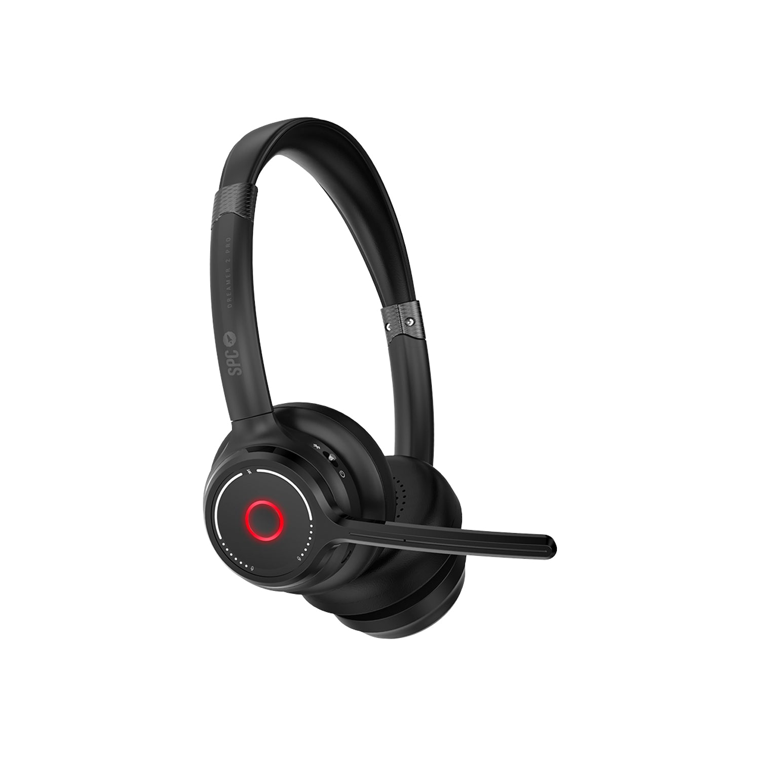 Schwarzes SPC Dreamer 2 Pro Headset mit rotem Licht an der Seite.