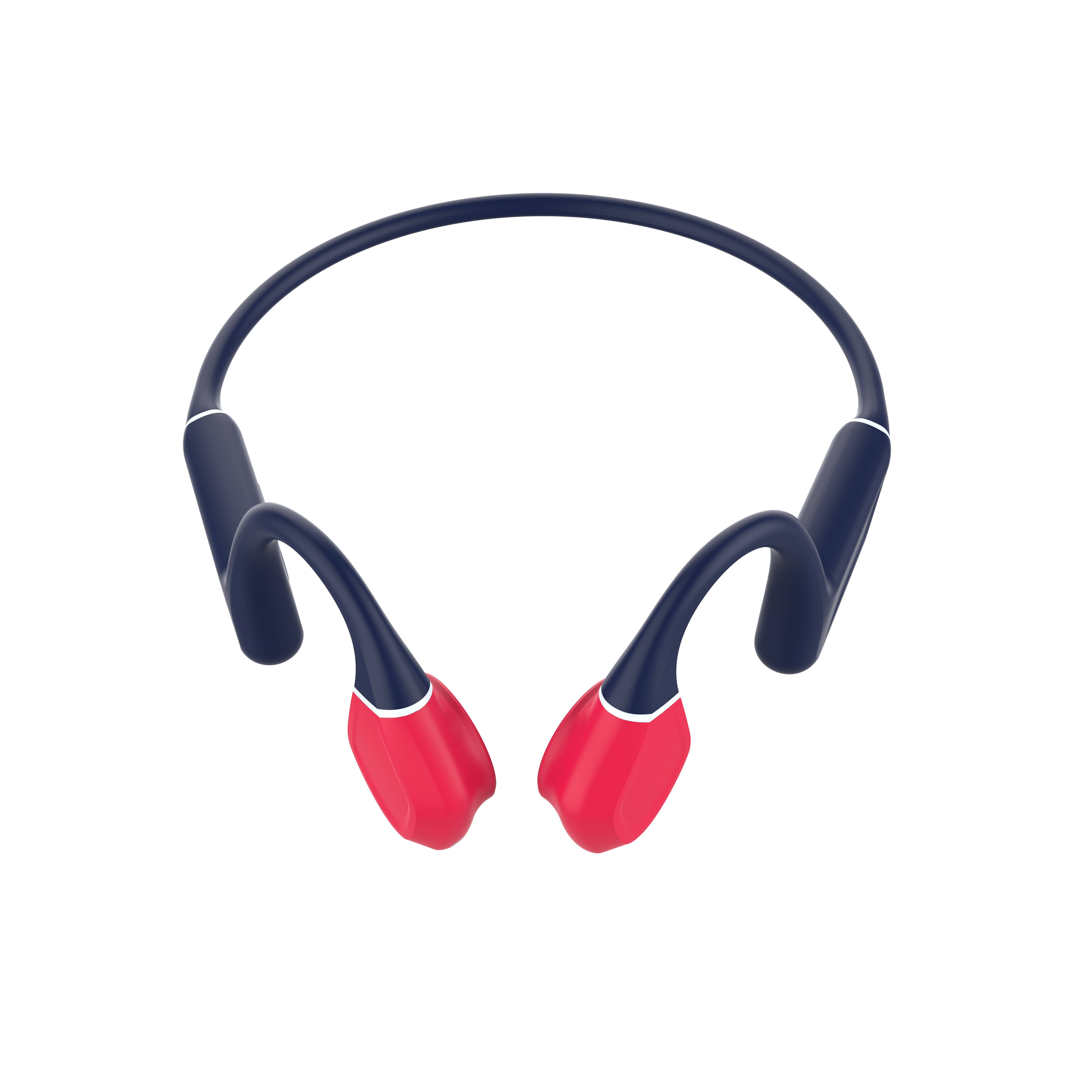 Słuchawki z niebieskim pałąkiem na szyję i czerwonymi słuchawkami na białym tle.