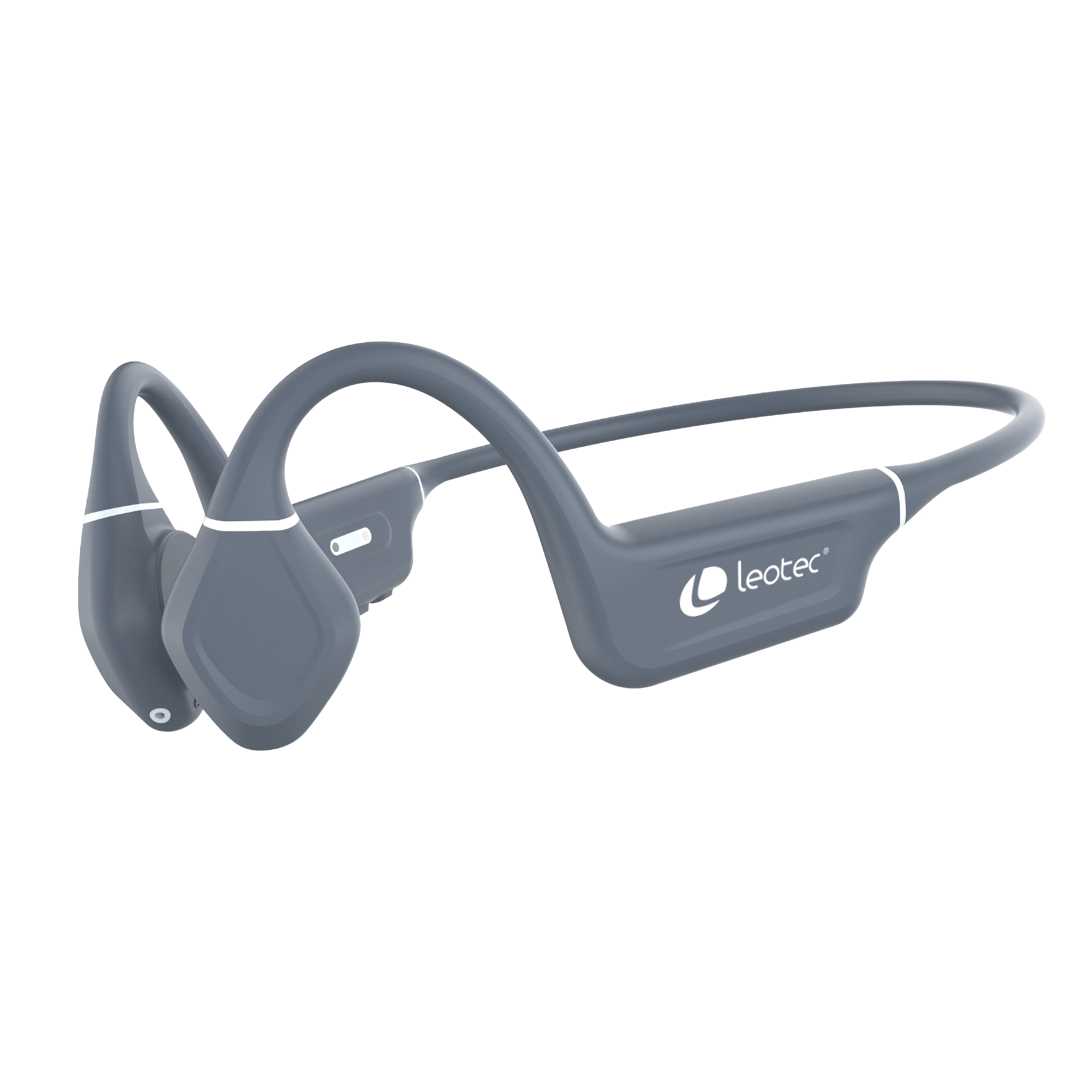 Szare słuchawki przewodnictwa kostnego na białym tle.