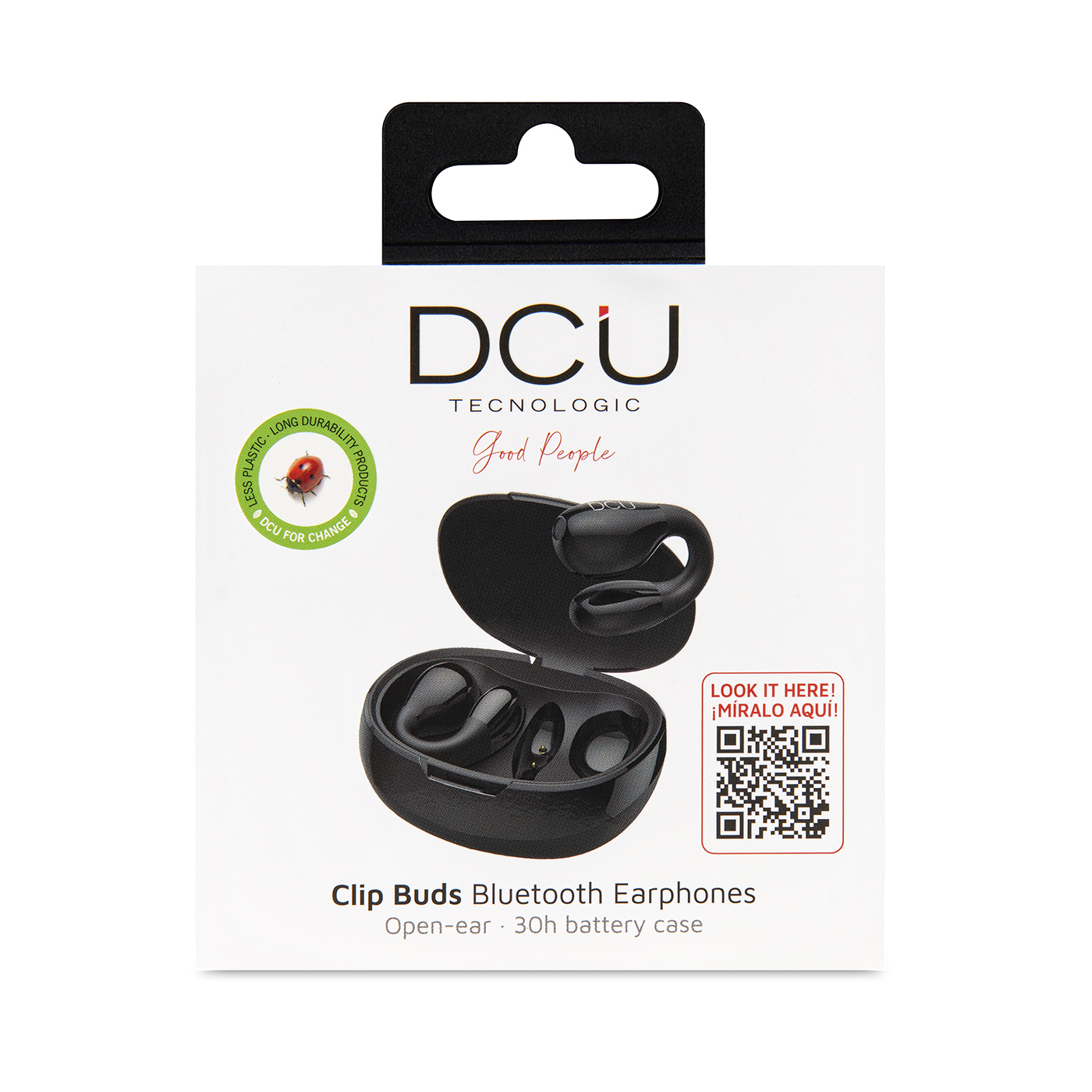 Schachtel mit DCU Clip Buds Bluetooth-Kopfhörern, schwarze Ohrhörer im Etui. Weißer Hintergrund.