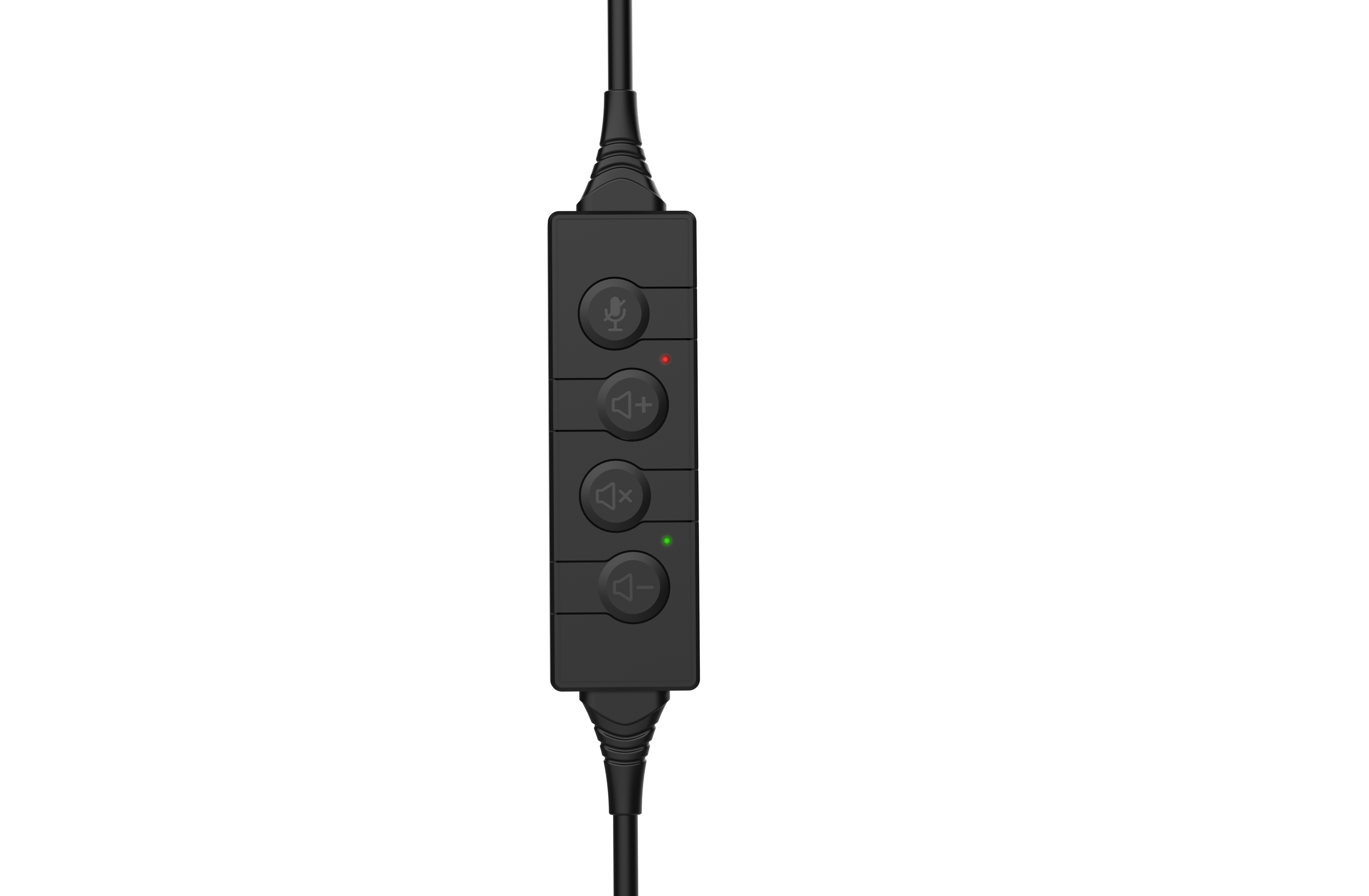 Controllo in linea nero con silenziamento microfono, controlli del volume e un microfono.