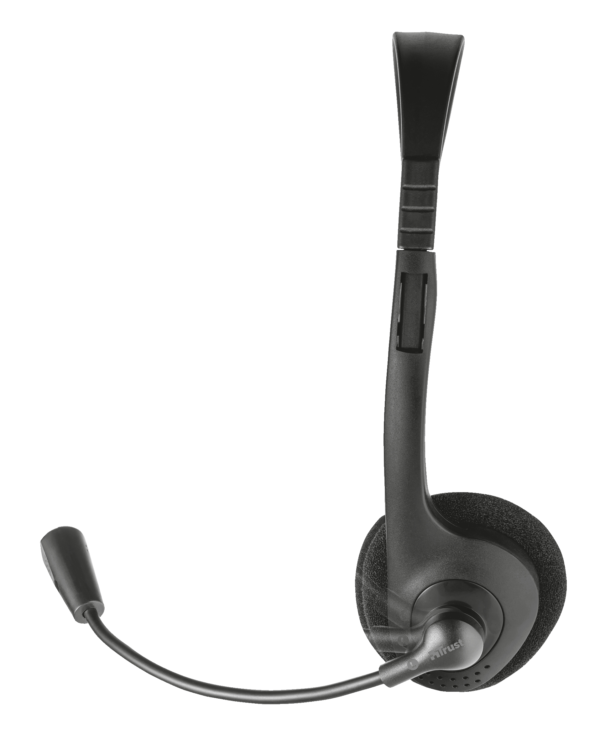 Schwarzes Headset mit Mikrofon. Das Headset ist größtenteils schwarz mit silbernem Trust-Logo.