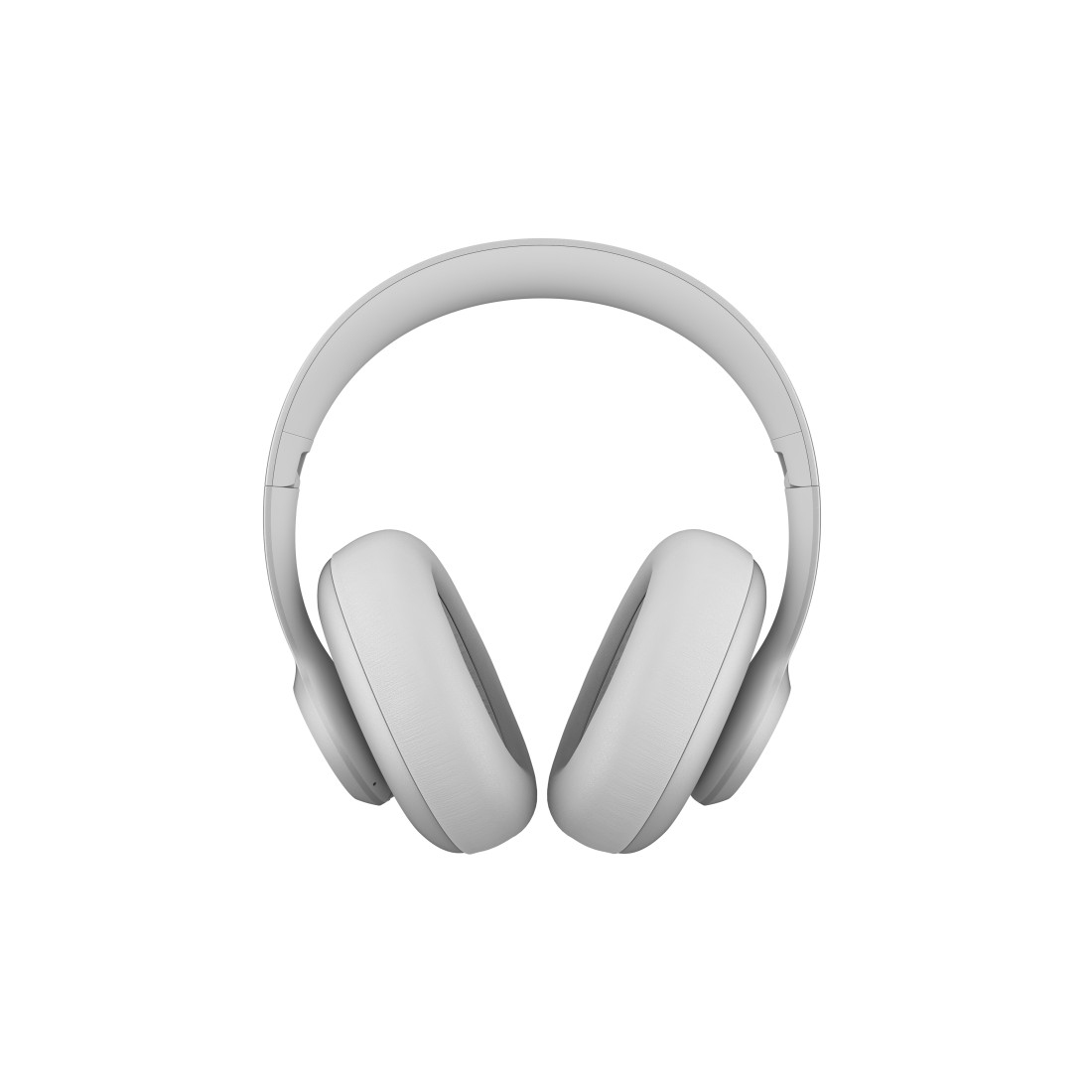 Casque blanc avec arceau et écouteurs, présenté sur fond blanc.