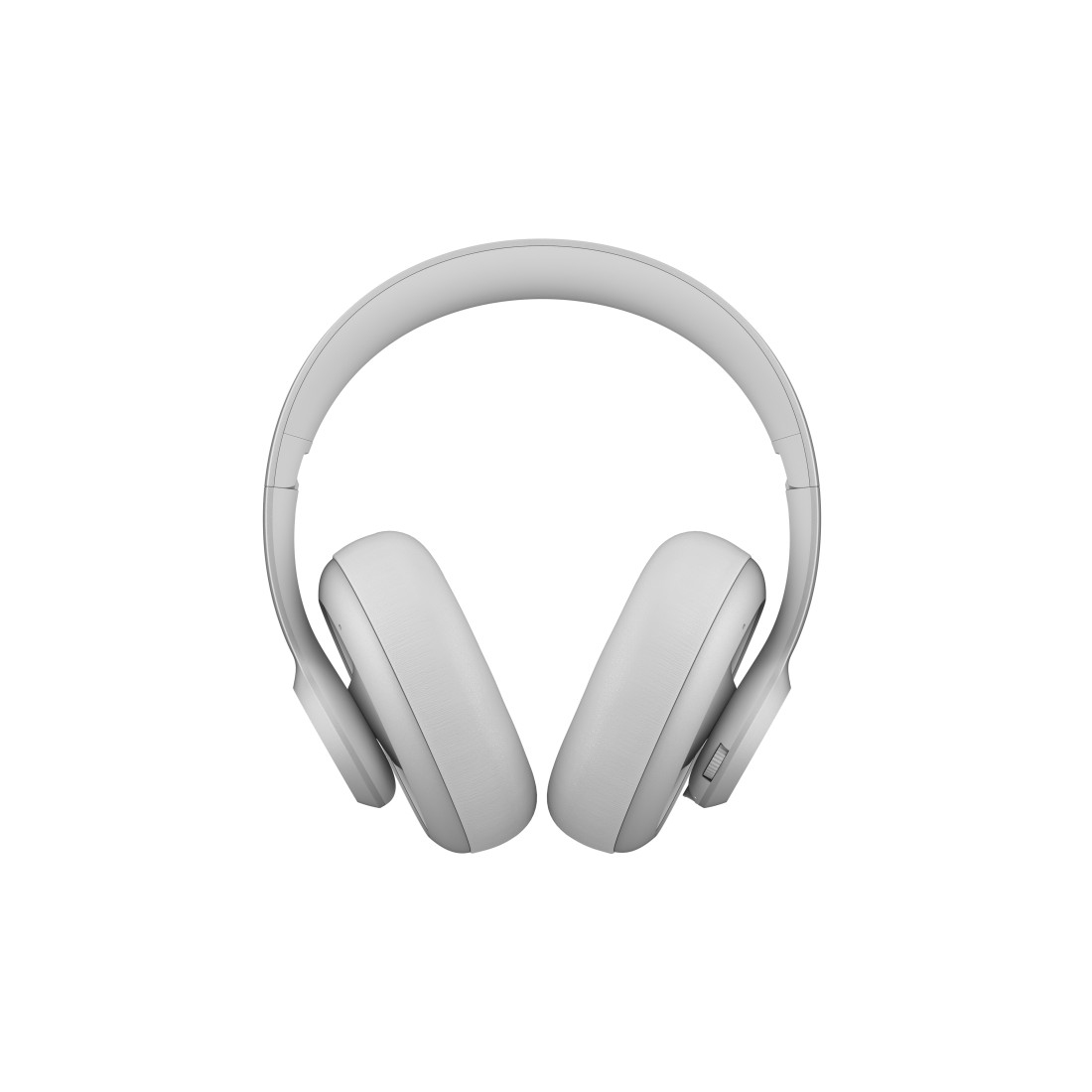 Casque gris, vue de dessus. Les écouteurs sont en vue, sur fond blanc.