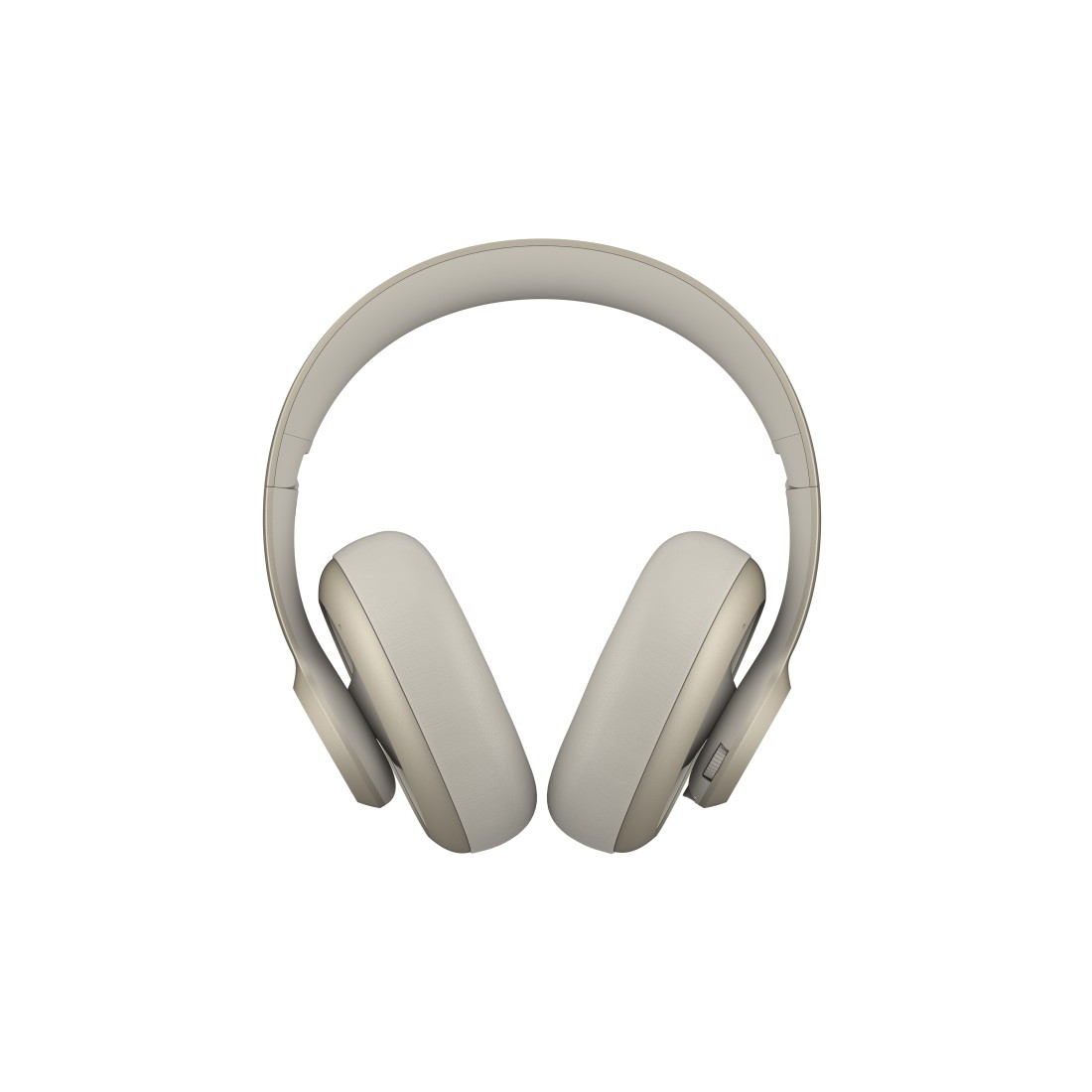 Casque gris clair avec fond blanc, vue de dessus.
