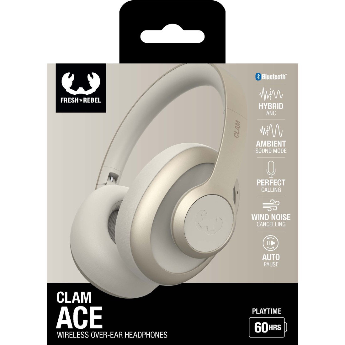 Boîte de casque avec marque 'FRESH 'N REBEL' et 'CLAM ACE'. Multiples fonctionnalités.