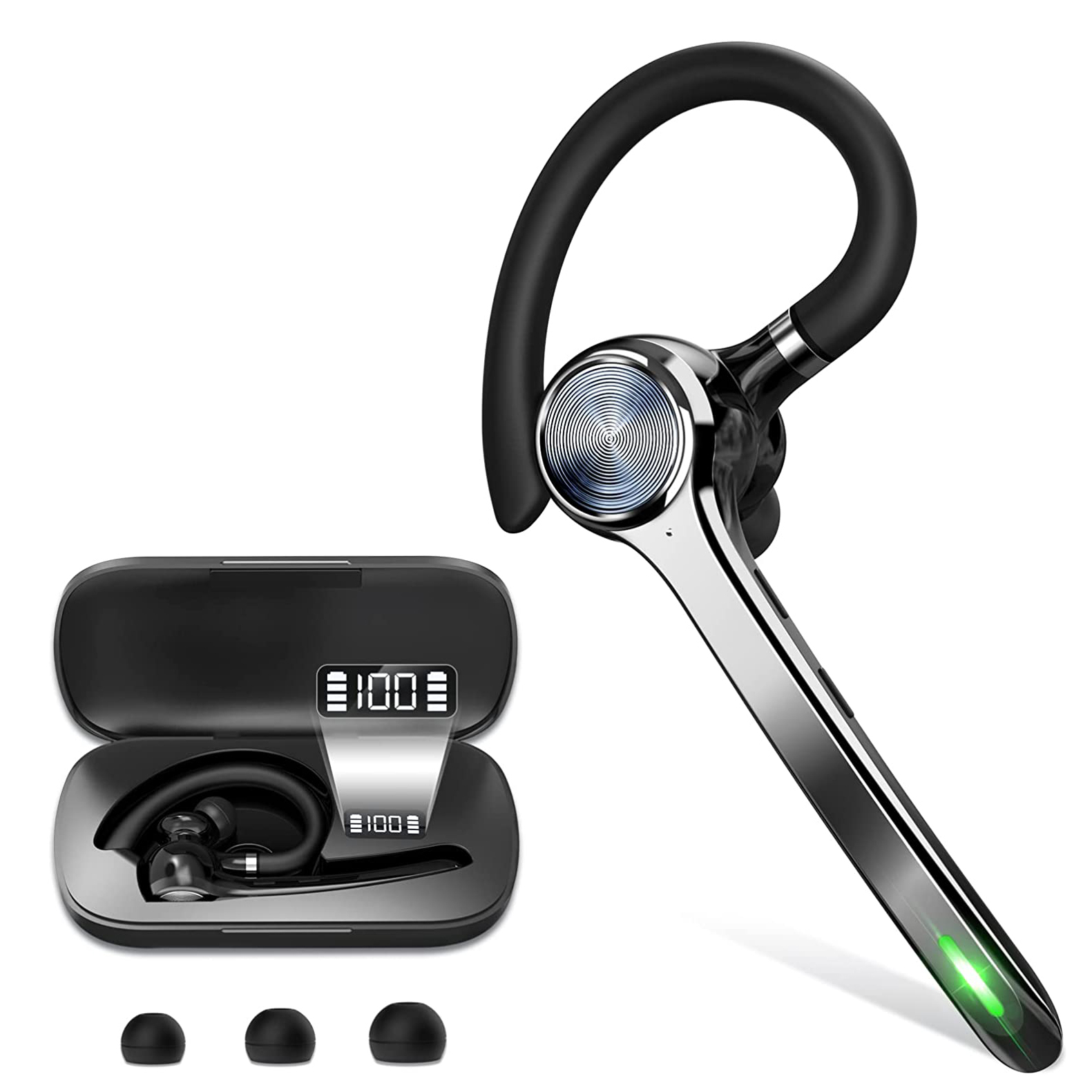 Silbernes und schwarzes Bluetooth-Headset und Ladecase, mit Anzeige von 100 %.