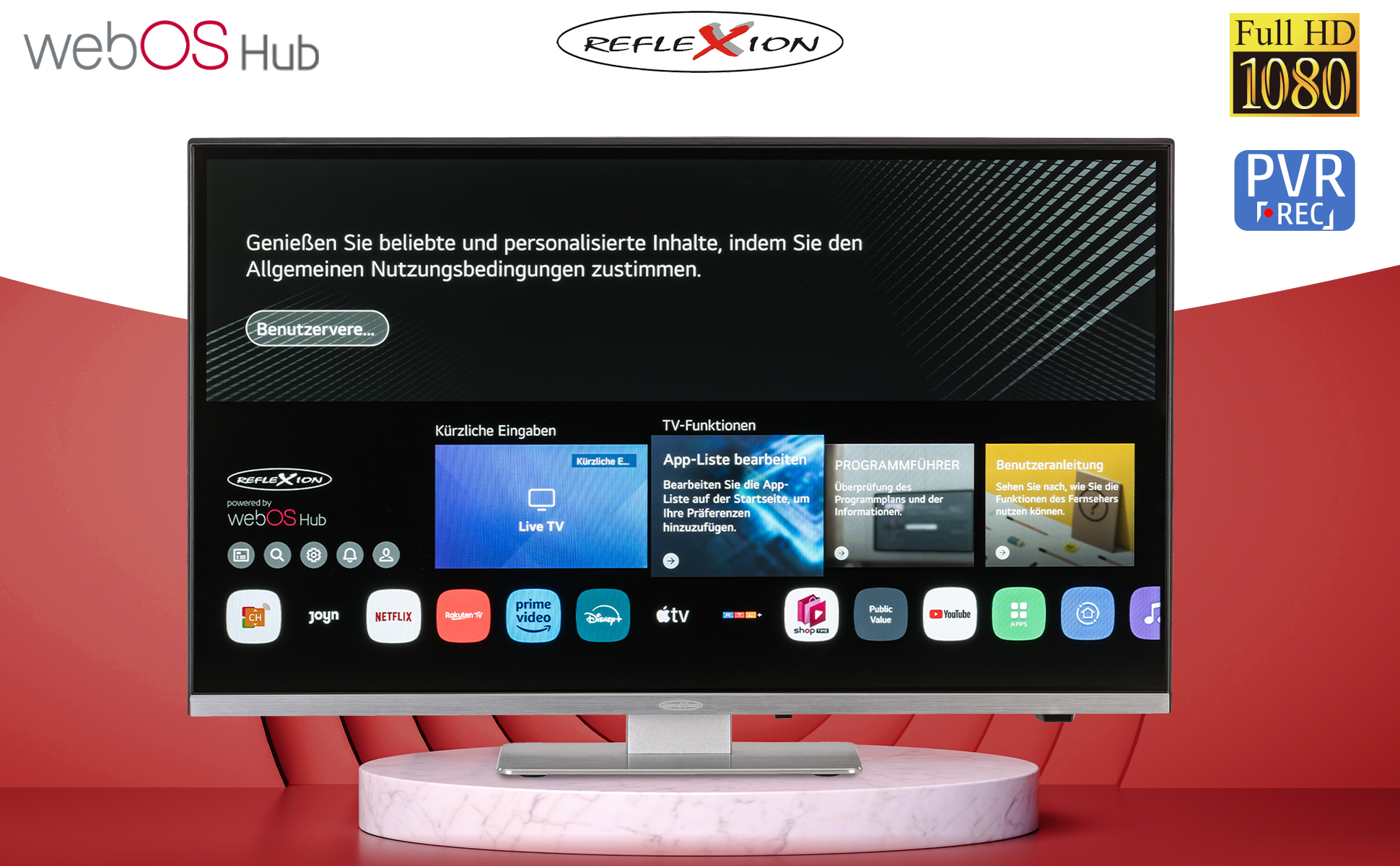 Ekran telewizora wyświetlający interfejs użytkownika. Tekst i ikony są widoczne. Czerwone tło.