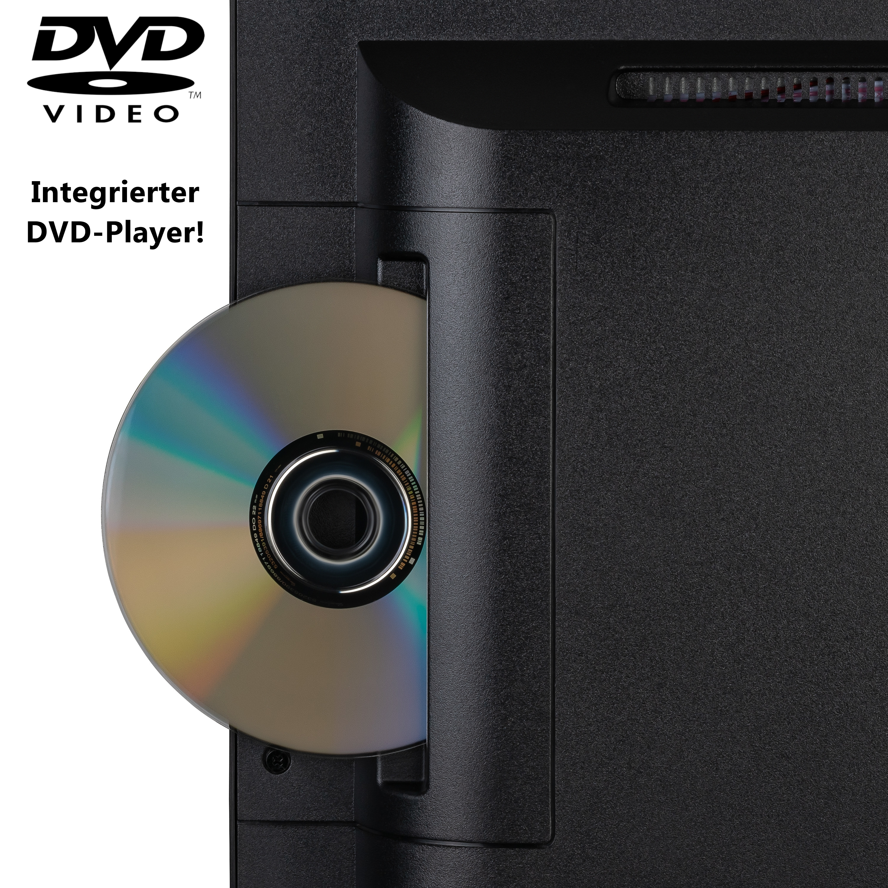 Odtwarzacz DVD z włożoną płytą, czarną ramką i logo DVD.