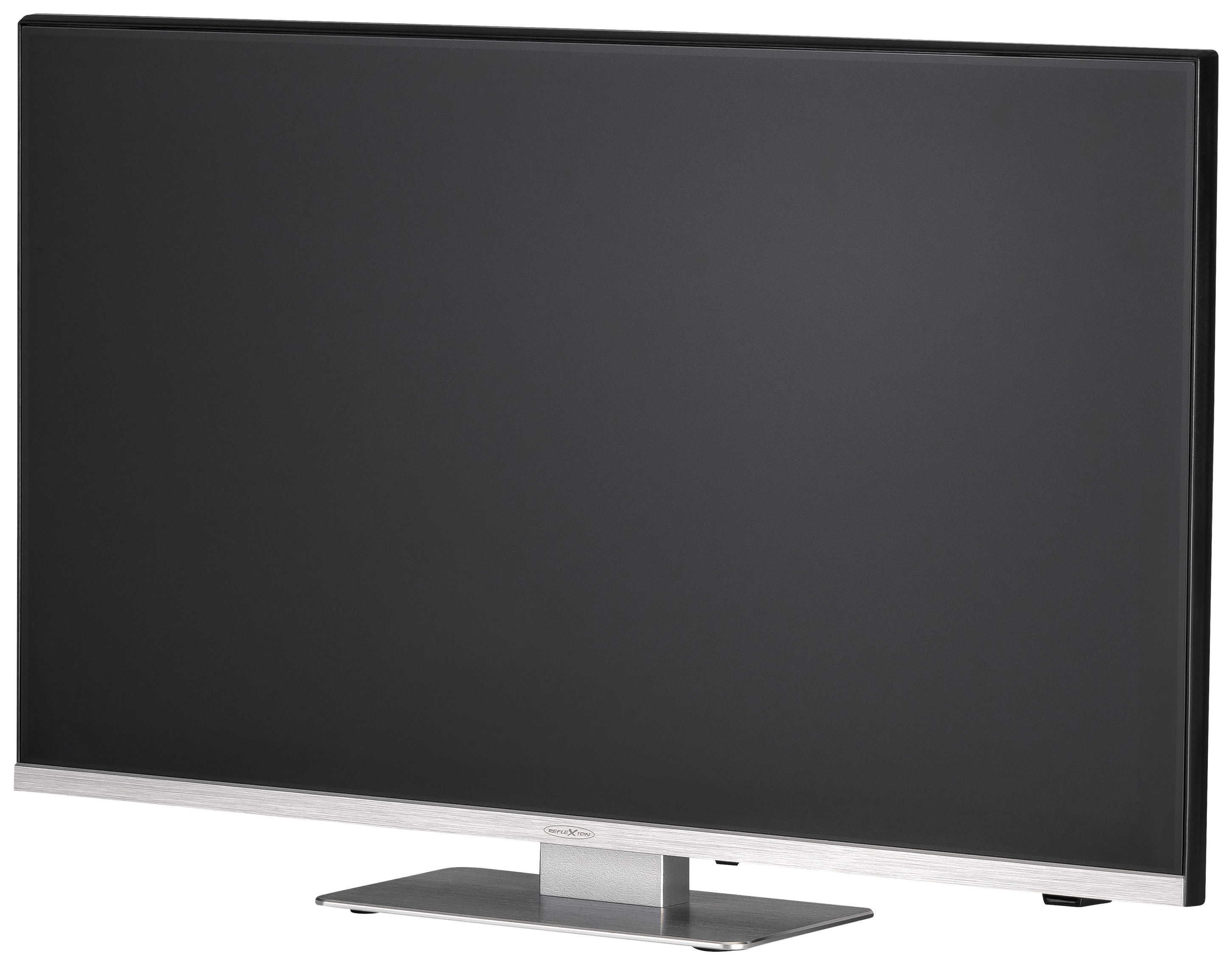 Duży telewizor z płaskim ekranem ze srebrną ramą i stojakiem. Ekran jest czarny.