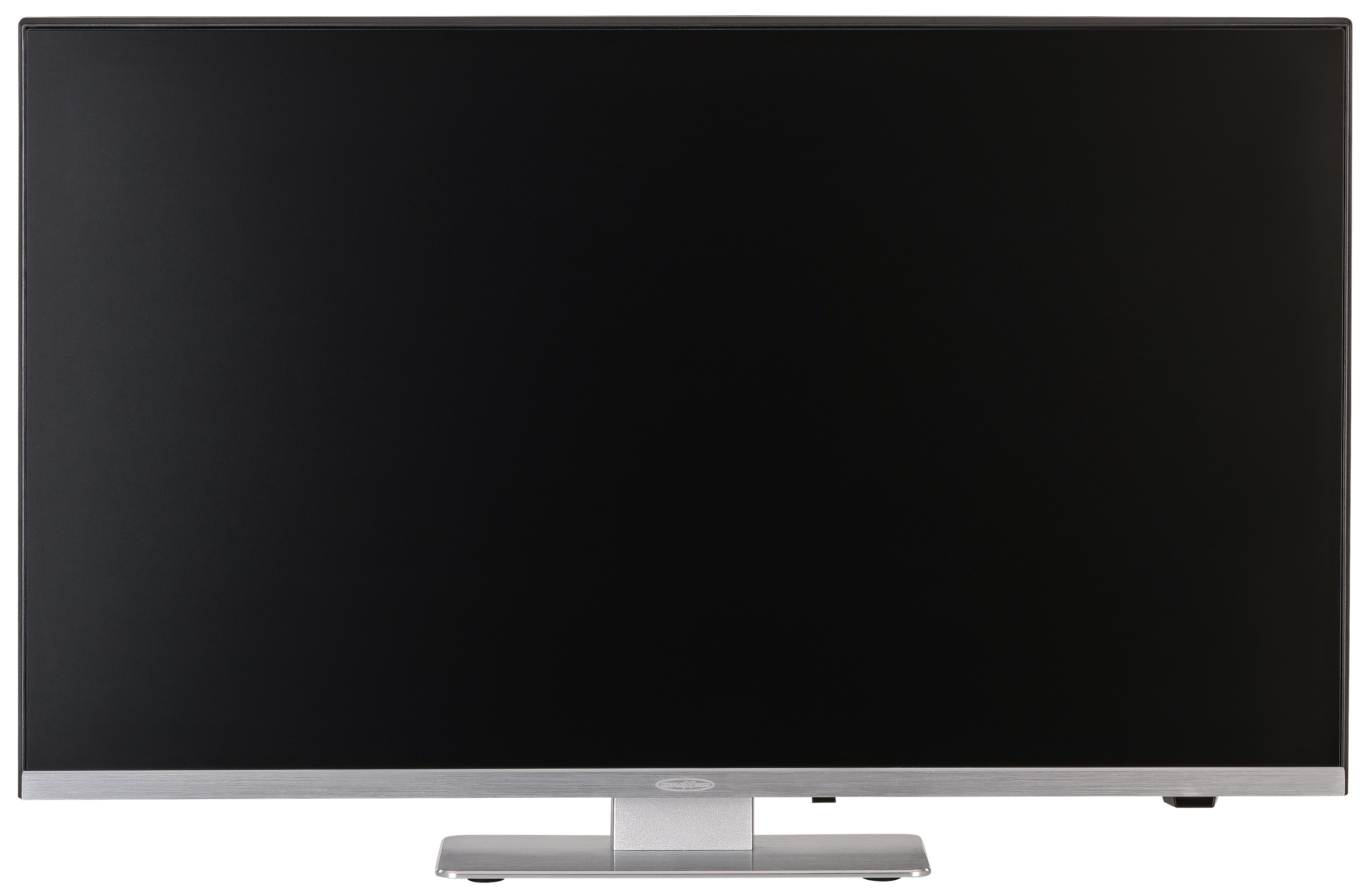 Monitor komputerowy w srebrnej ramie z czarnym ekranem, odizolowany na białym tle.