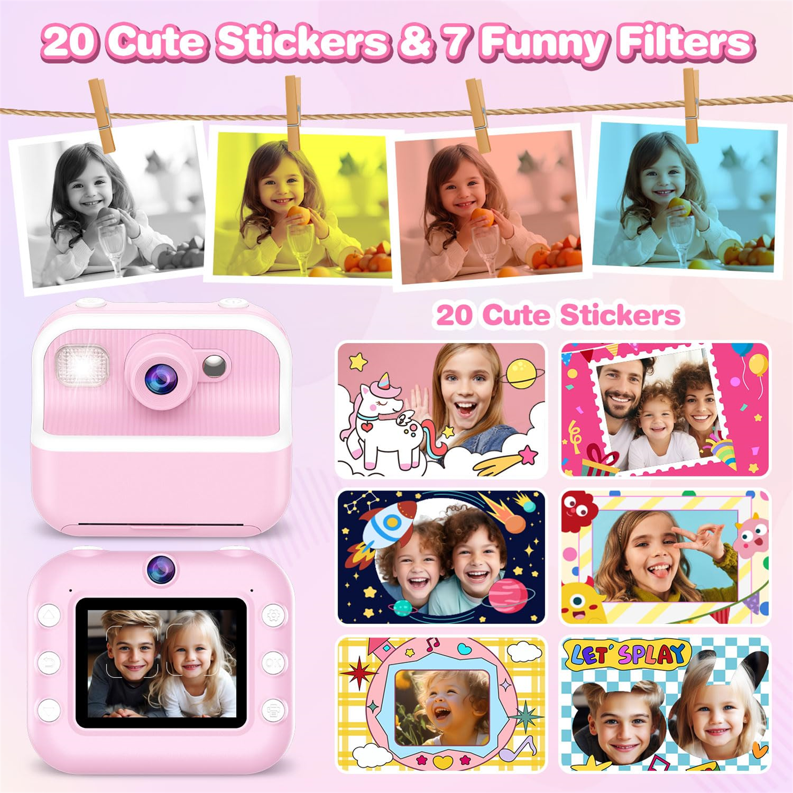 Eine rosa Sofortbildkamera und Fotos. Die Fotos zeigen ein Mädchen mit Stickern und Filtern.