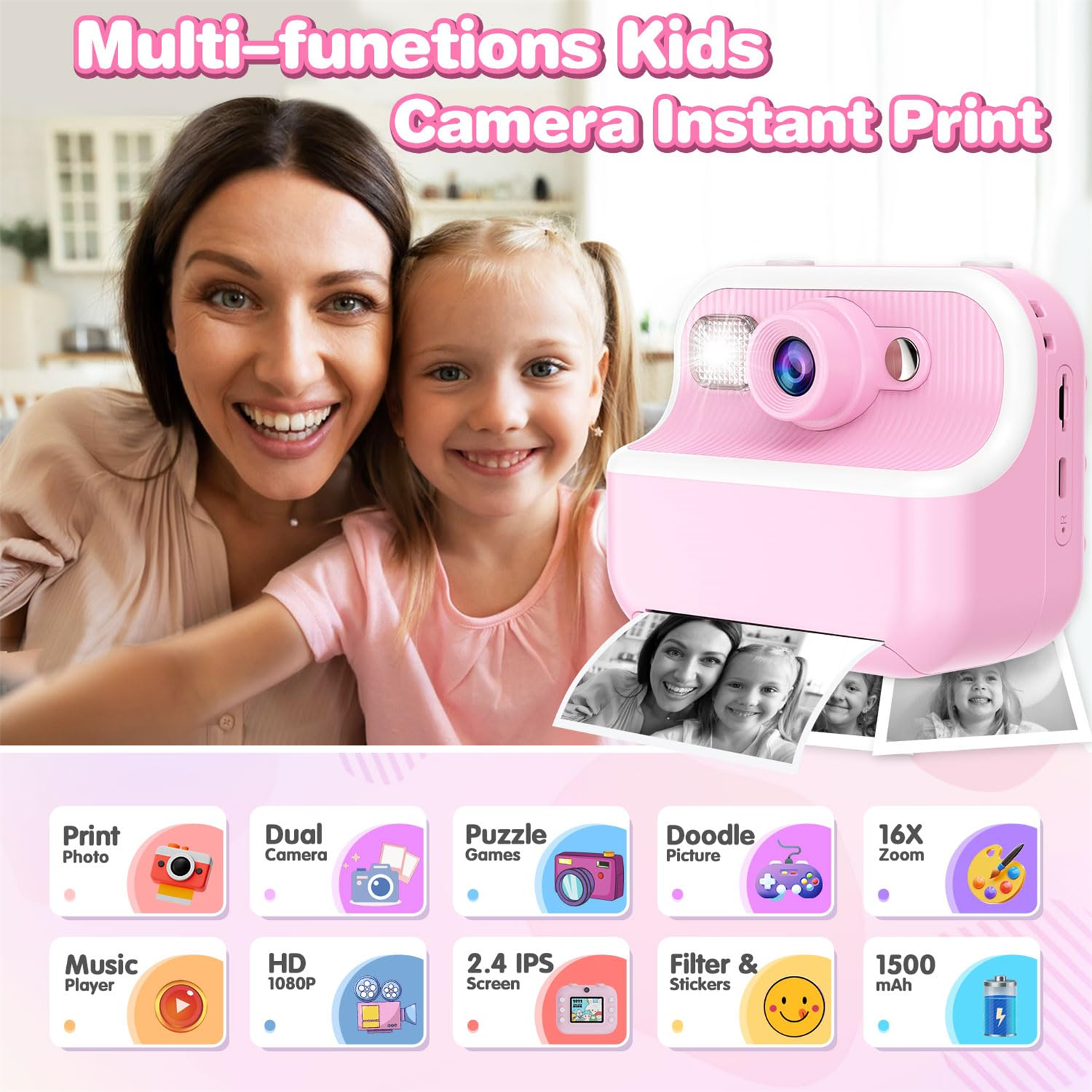Mutter und Kind mit rosa Sofortbildkamera, verschiedene Icons.