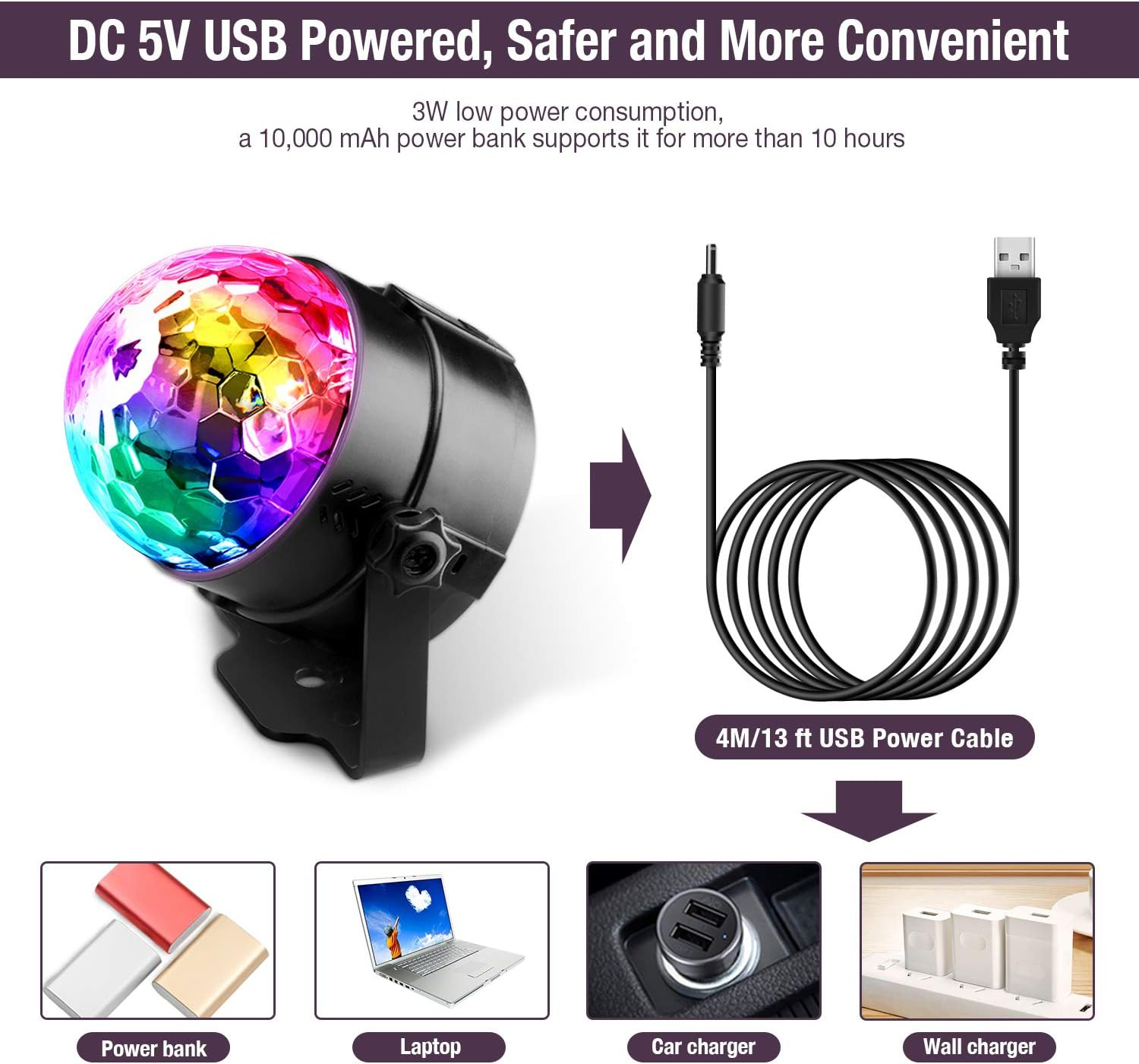 Eine Discokugel mit bunten Lichtern, einem USB-Kabel und Lademöglichkeiten wie einer Powerbank und einem Laptop.