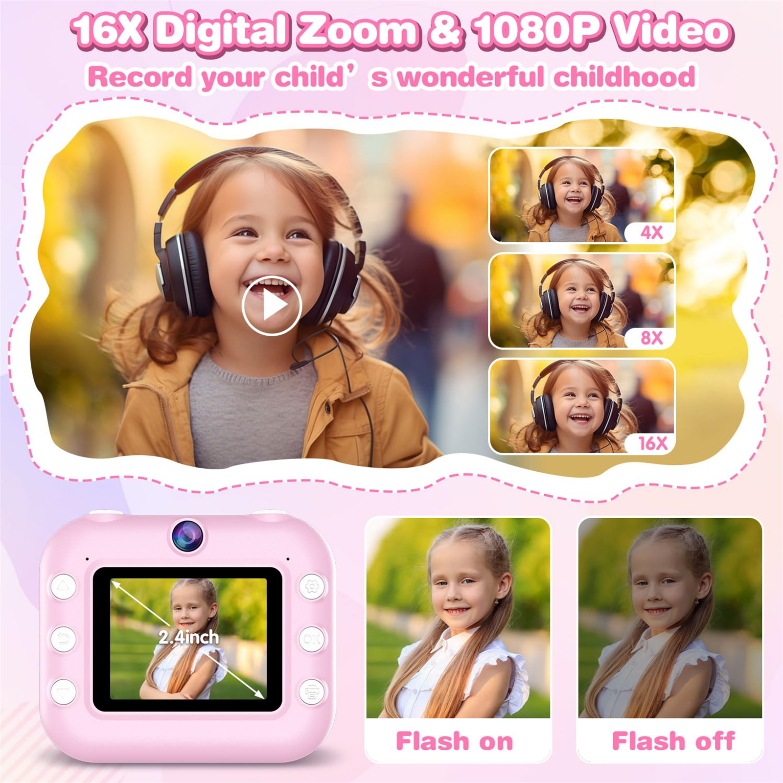 Rosa Kinderkamera. Der Bildschirm zeigt ein Mädchen und Zoom-Optionen. Außerdem eine Blitz-Option.