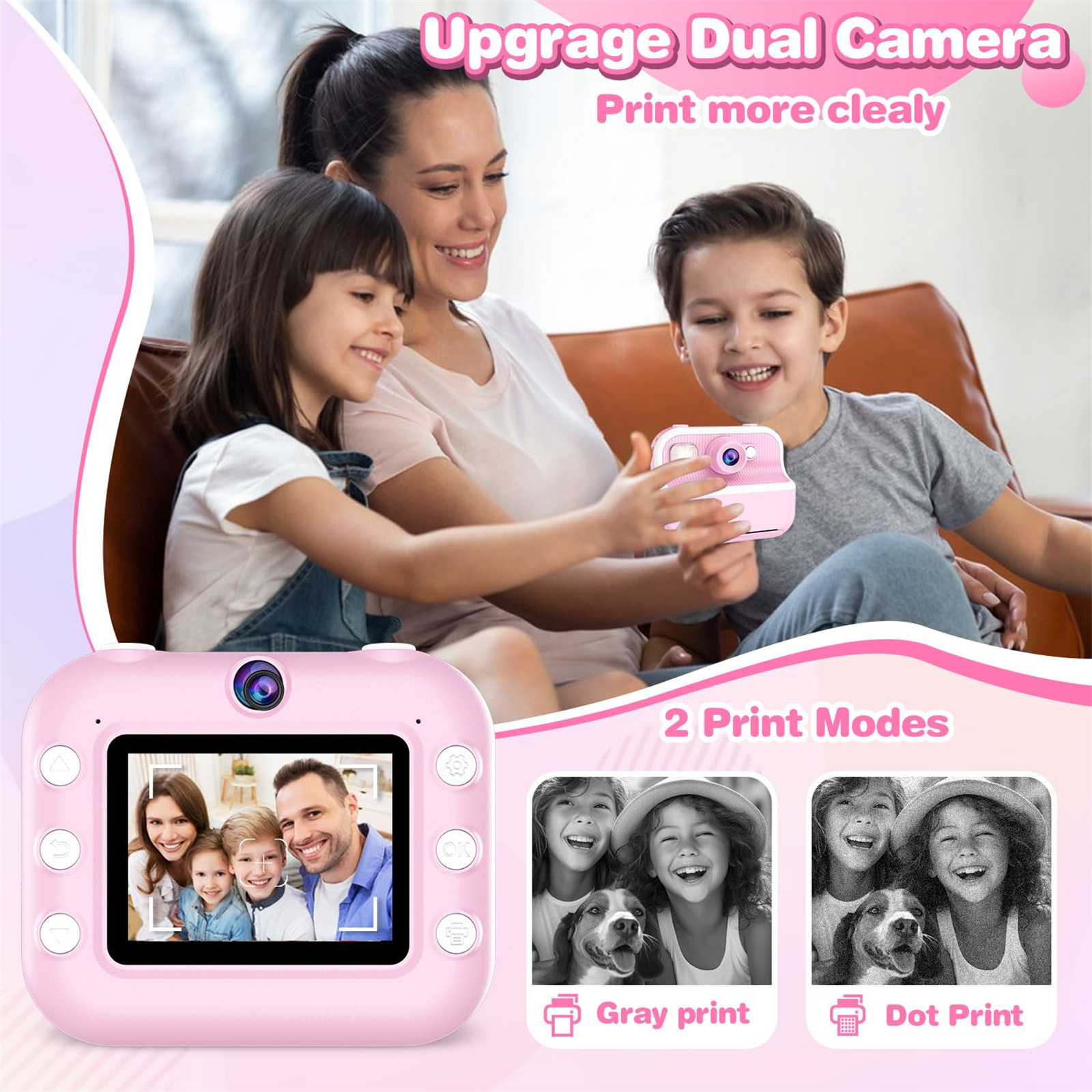 Eine Familie macht Fotos mit einer pinkfarbenen Sofortbildkamera; Beispiele für Drucke gezeigt.