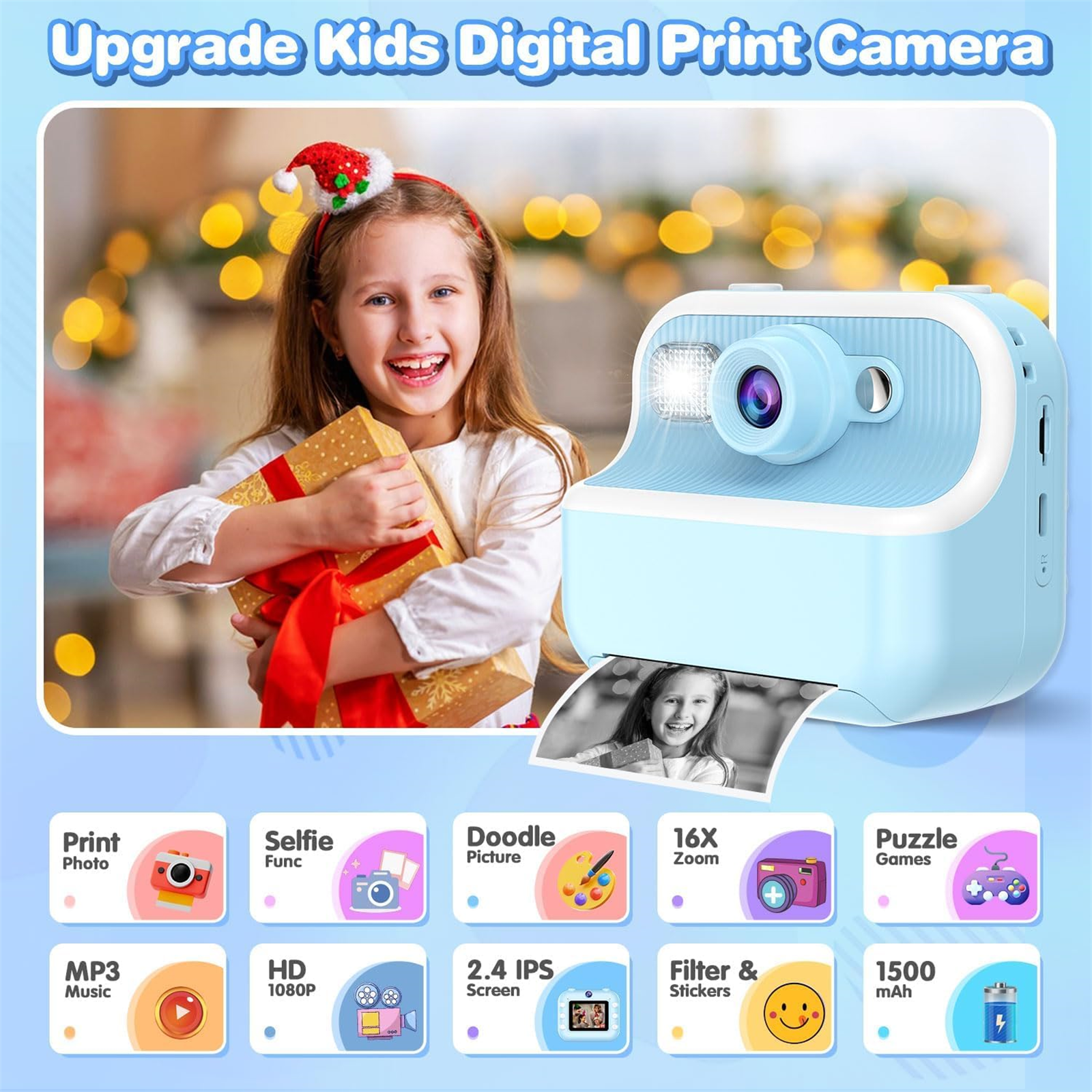 Mädchen hält Geschenkbox, mit Kinderkamera. Icons: Drucken, Selfie, Doodle, Zoom, Spiele, MP3, HD, Bildschirm.