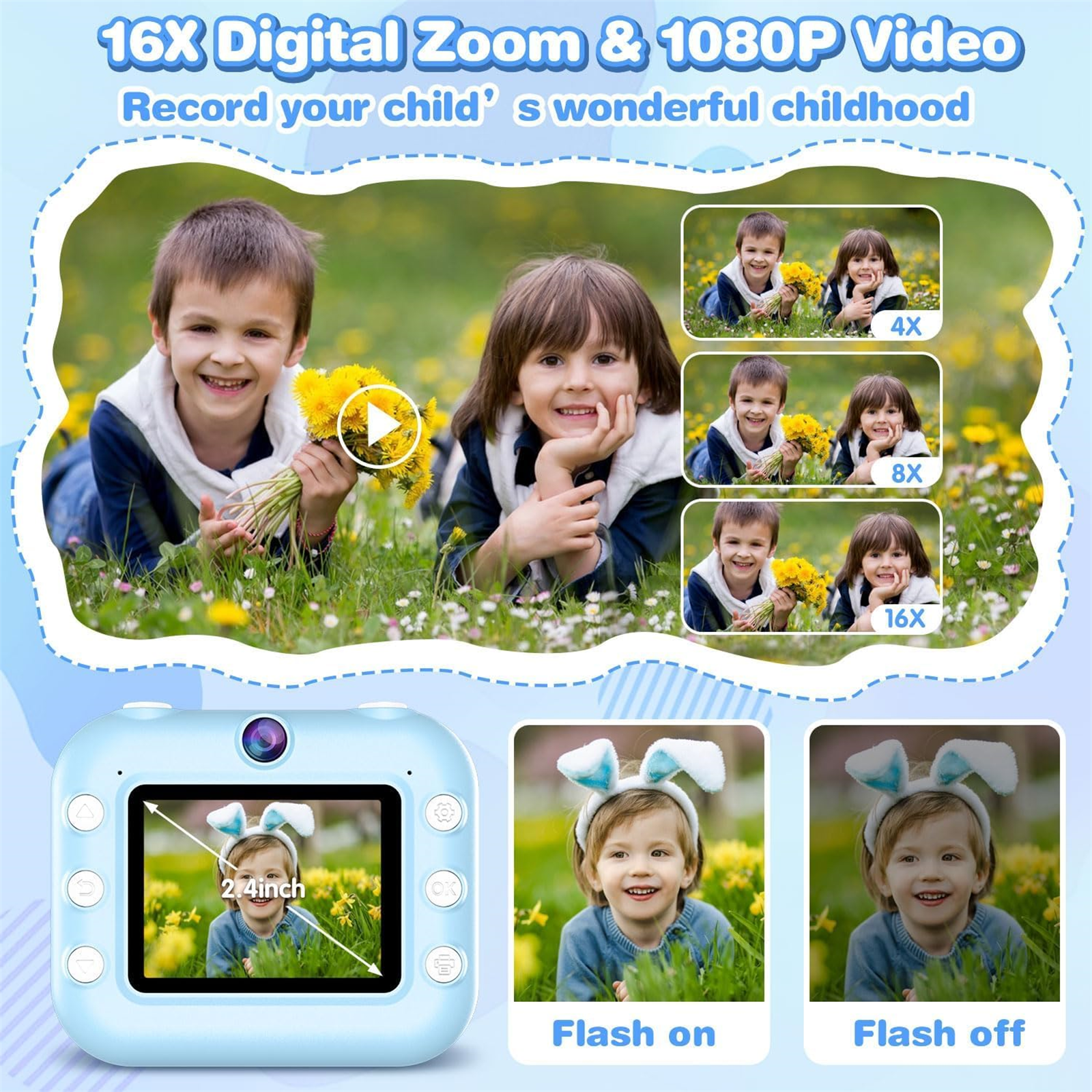 Eine blaue Digitalkamera mit zwei Kindern im Hintergrund. Sie zeigt Zoom- und Blitzeinstellungen.