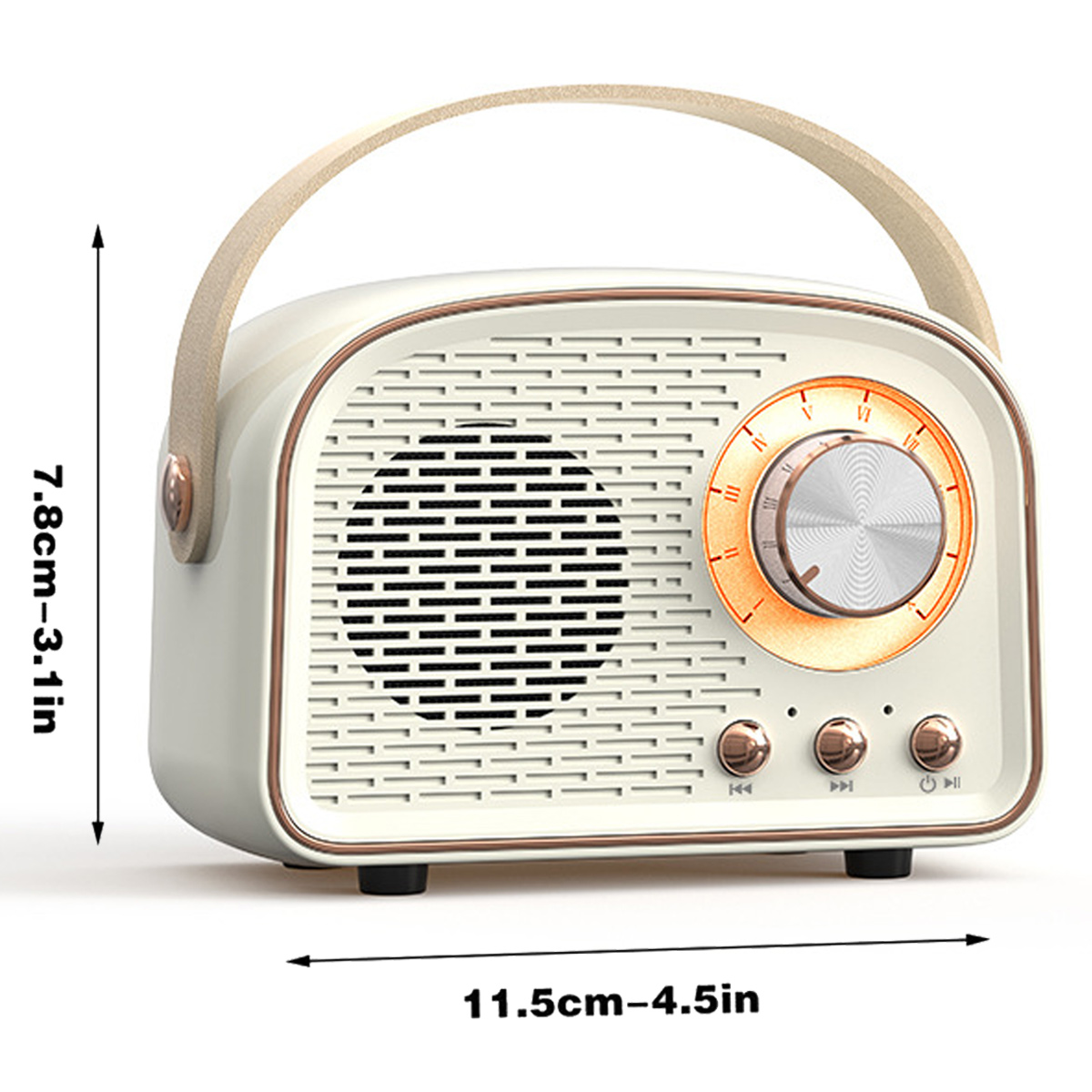 Cremefarbenes Retro-Radio mit Griff. Verfügt über ein Ziffernblatt und Tasten. Abmessungen sind 7,8 cm x 11,5 cm.