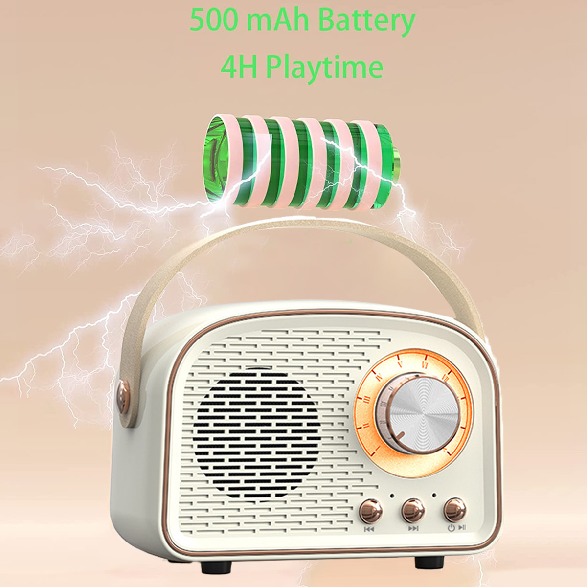 Weißes Retro-Radio mit Griff, Batterie und Blitzeffekt.