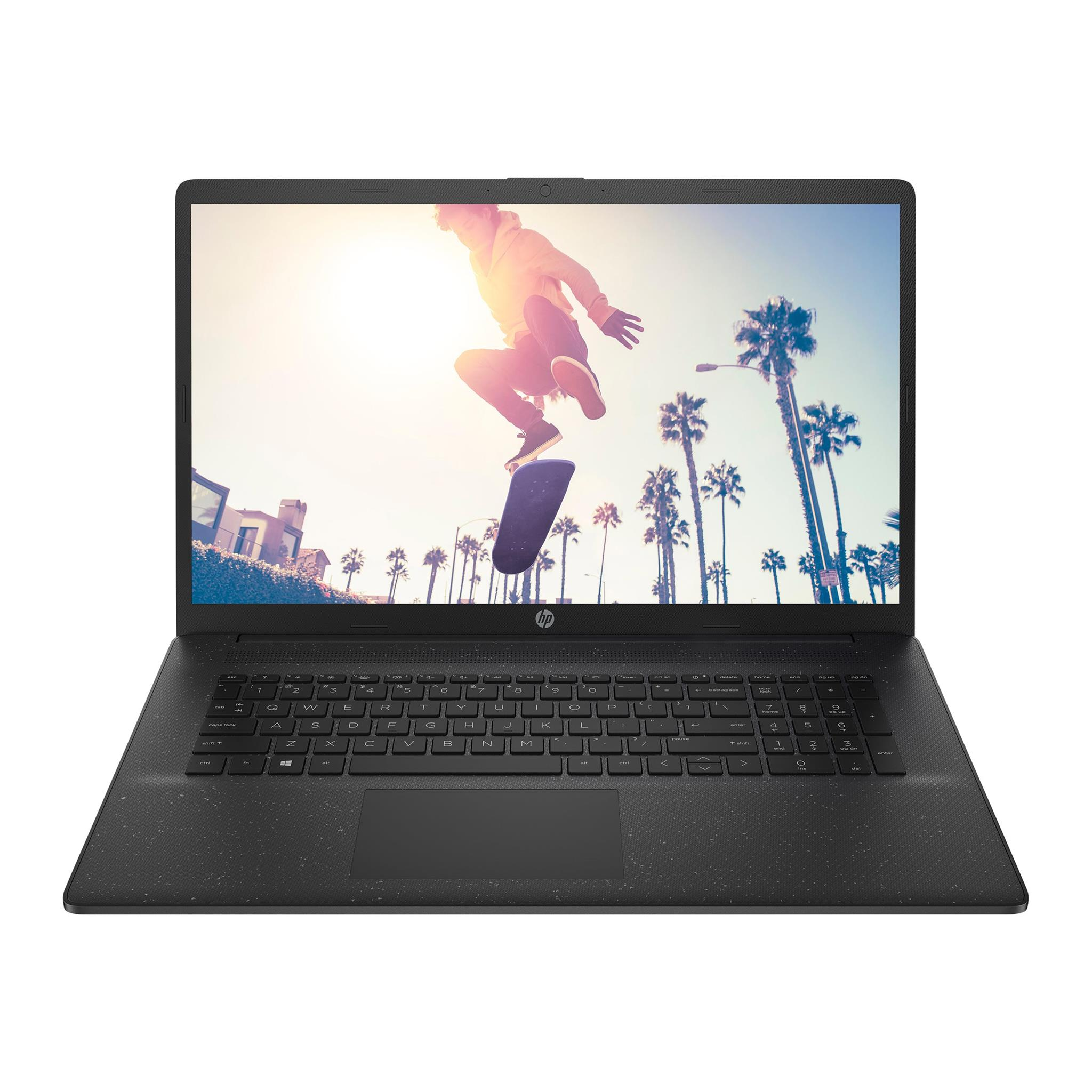 Laptop mit Person beim Skateboarden auf dem Bildschirm, Palmen im Hintergrund.